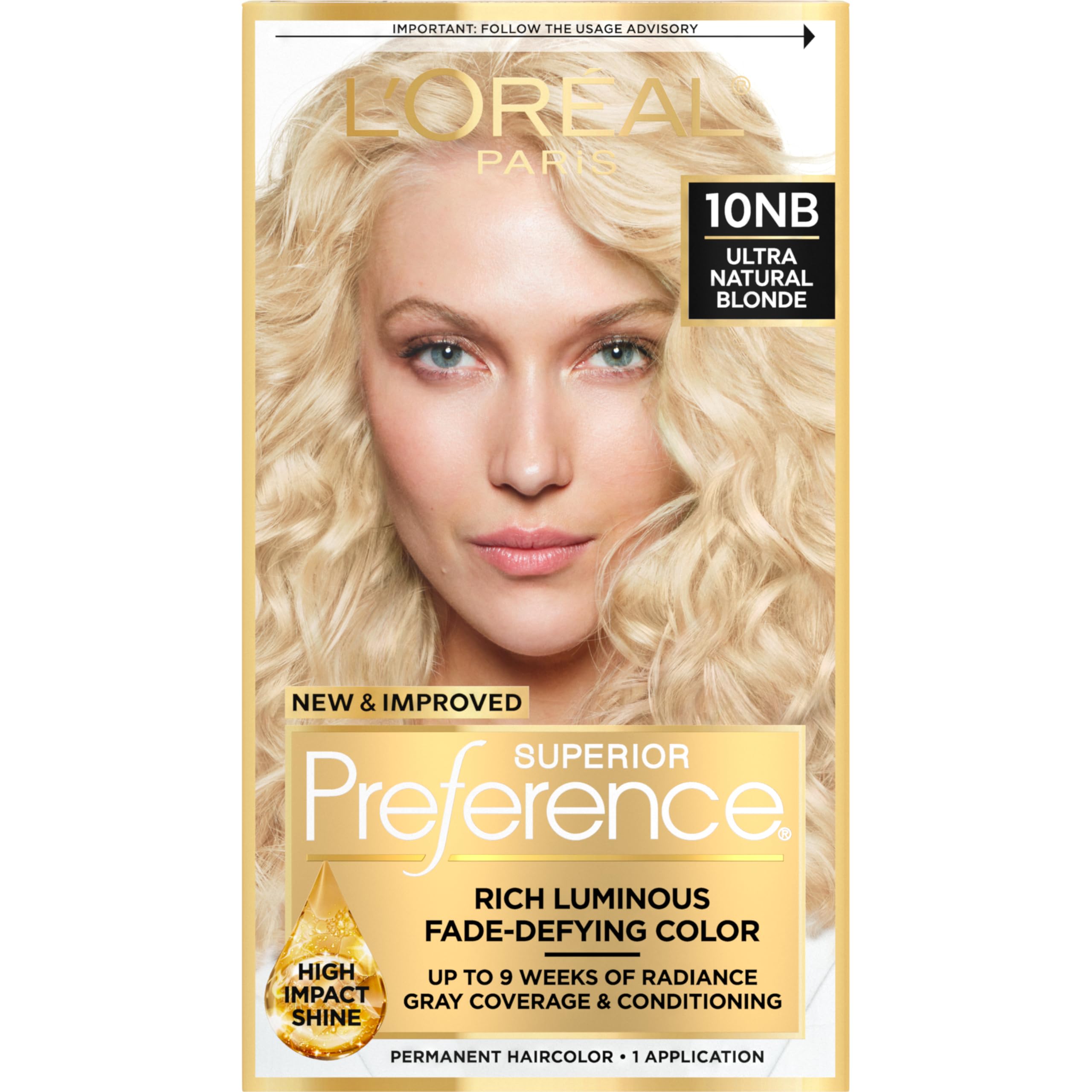 L'Oreal Paris Superior Preference Luminous Fade-Defying Permanent Hair Color, Hair Dye For Up to 9 Weeks of Radiance, Ultimate Natural Blonde 10NB, 1