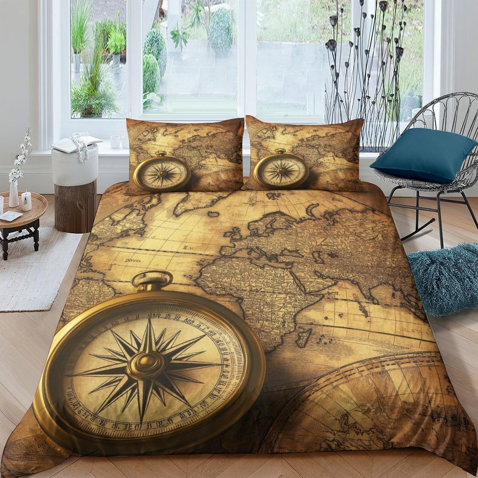Ctjqhvkz Style-9 3D Printed Vintage World Map Fitted Sheet Microfiber Soft Compass Pattern Bed Cover For Bedroom Guest Room Decor Single（135X200cm）