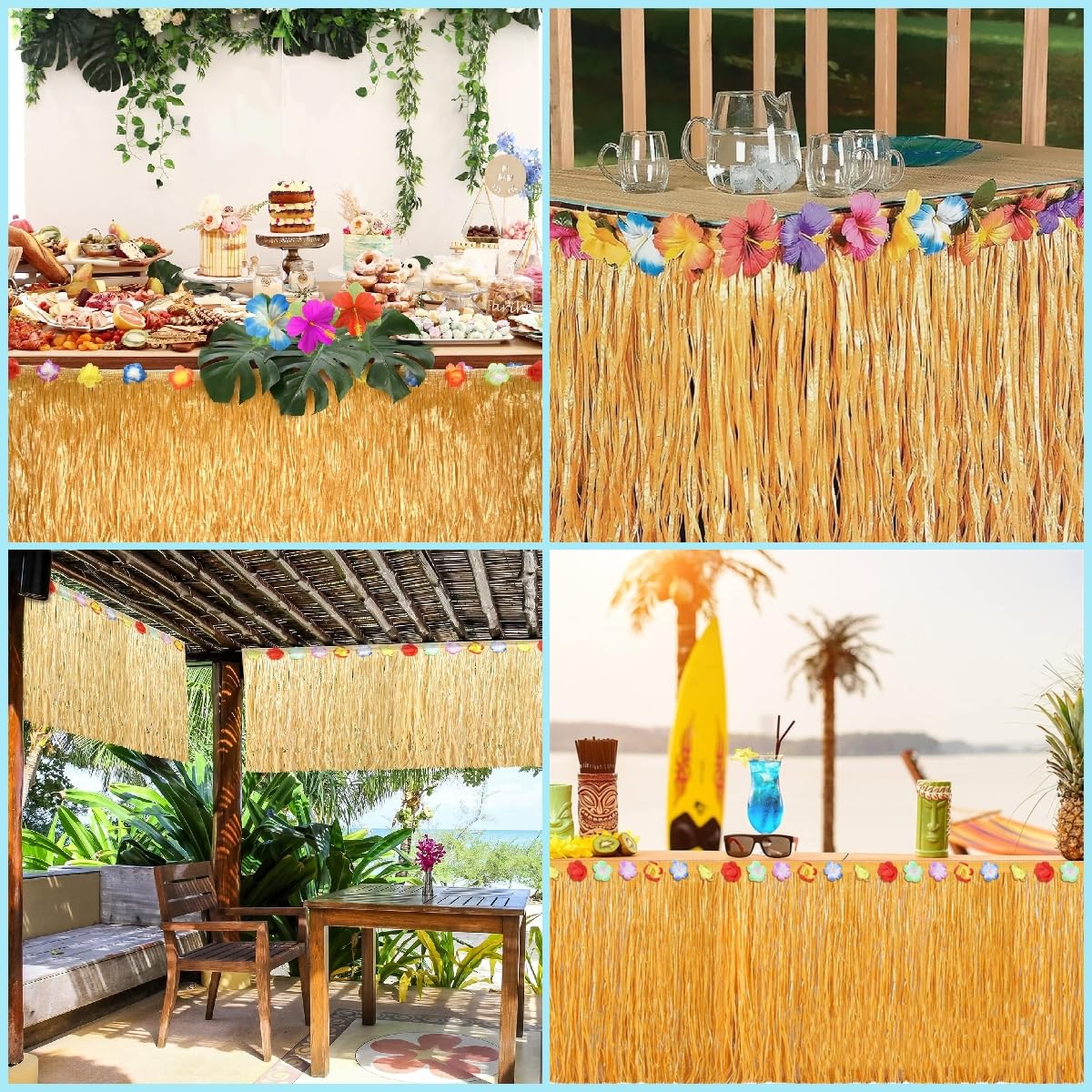 Luau Lot de 2 jupes de table en herbe hawaïenne, décorations de fête hawaïenne, 76,2 cm x 2,7 m avec fleurs d'hibiscus jaune paille pour fête à thème hawaïen Luau Lot de 2 jupes de table en herbe hawaïenne, décorations de fête hawaïenne, 76,2 cm x 2,7 m avec fleurs d'hibiscus jaune paille pour fête à thème hawaïen
