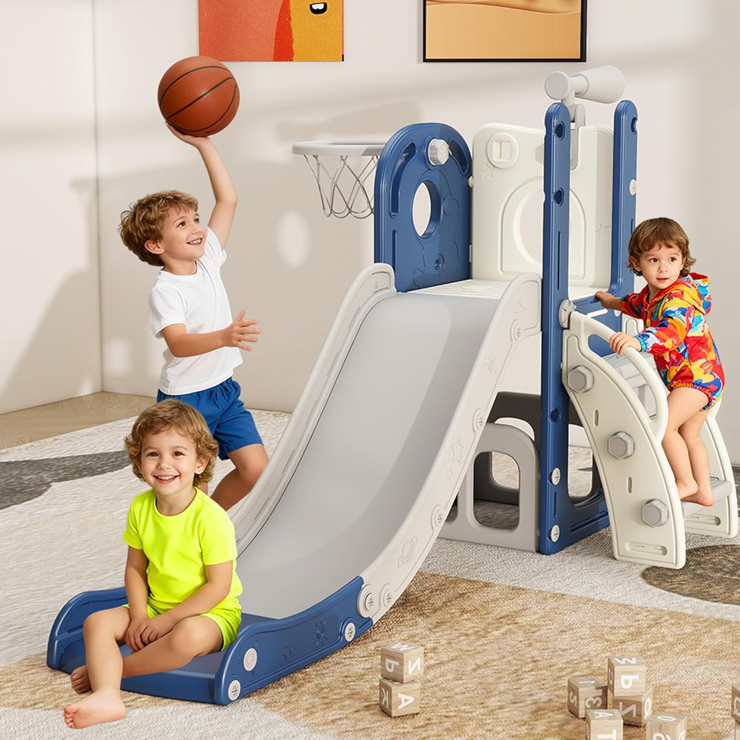 6 in 1 Toddler Slide, Kids Slider for 1-3, Indoor Outdoor Playset Playground with Basketball Hoop, Storage, Climber and Telescope, Great Gift for Baby & Child, Blue and White