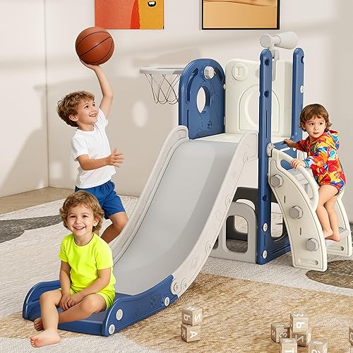 Tobogán 6 en 1 para niños de 1 a 3 años, para interiores y exteriores, con aro de baloncesto, almacenamiento, escalador y telescopio, gran regalo