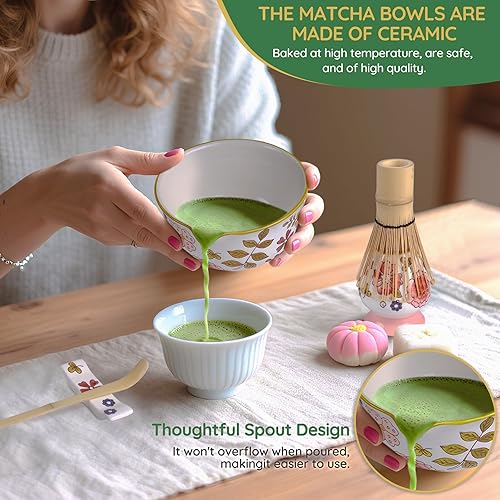 Miniatura 4 de Juego de ceremonia de matcha floral pintado a mano, 6 batidor y tazón de matcha, soporte para batidor de matcha, cuchara y reposo, coladores, kit