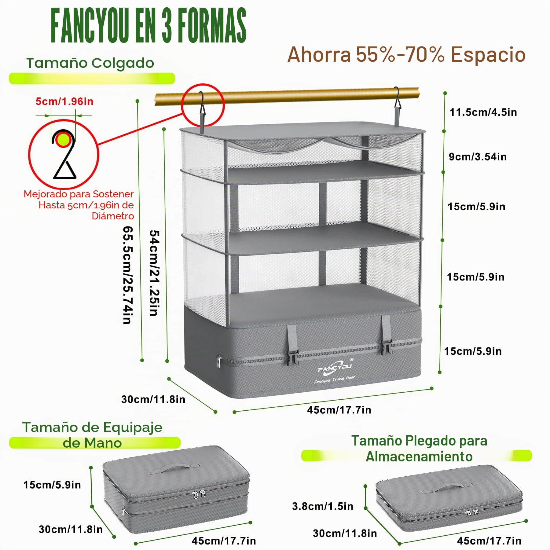 Cubos Colgantes para Organizar Maletas, Armario Portátil de Tela de Nylon Mejorada 44 * 30 * 65cm, Compresión para Embalar y Desembalar en un Solo Paso para Viajes de Negocios (Gris)