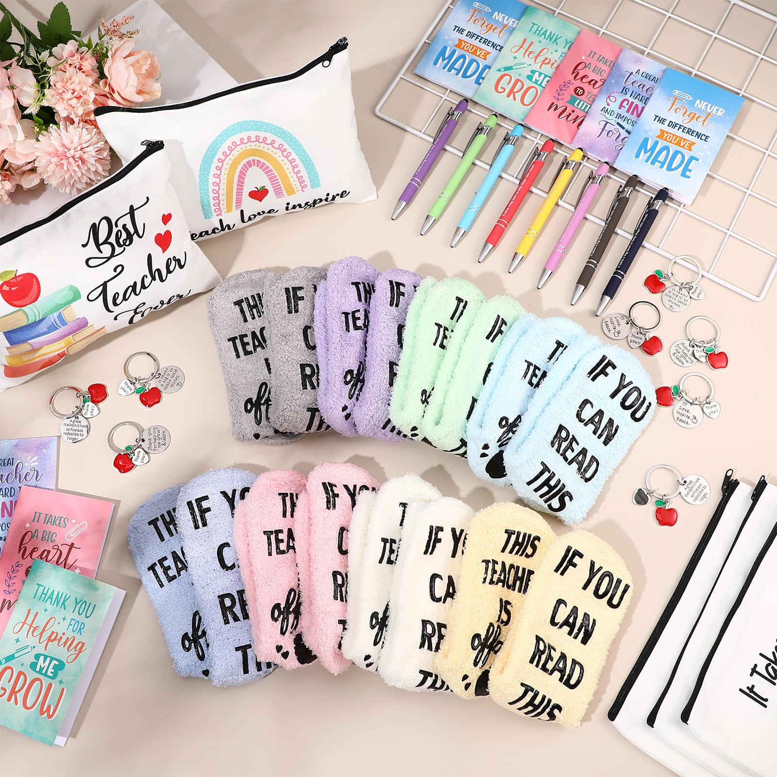 Fulmoon 40 Pcs Teacher Appreciation Gift Set from Students, Novelty Casual Socks Makeup Bag Keychain Mini Notebooks Ballpoint