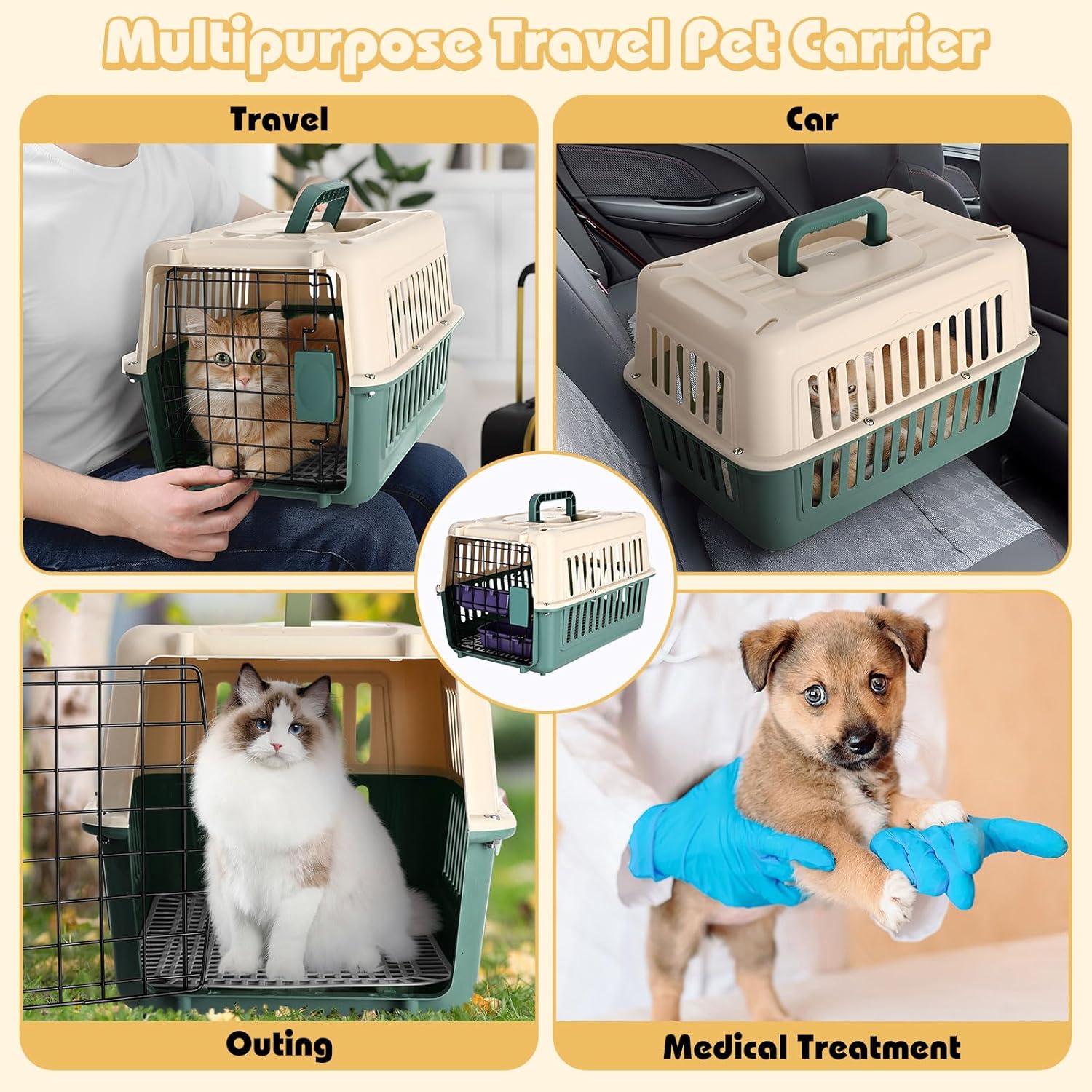 2 Set Hard Plastic Pet Carrier Breathable Dog Cat Kennel with Metal Door Bowl Grille Mat Pet up to 14 Lbs Carrier for Walking Camping Vet Visits Travel, 17.3"L x 11.8"W x 10.6"H(Blue White)