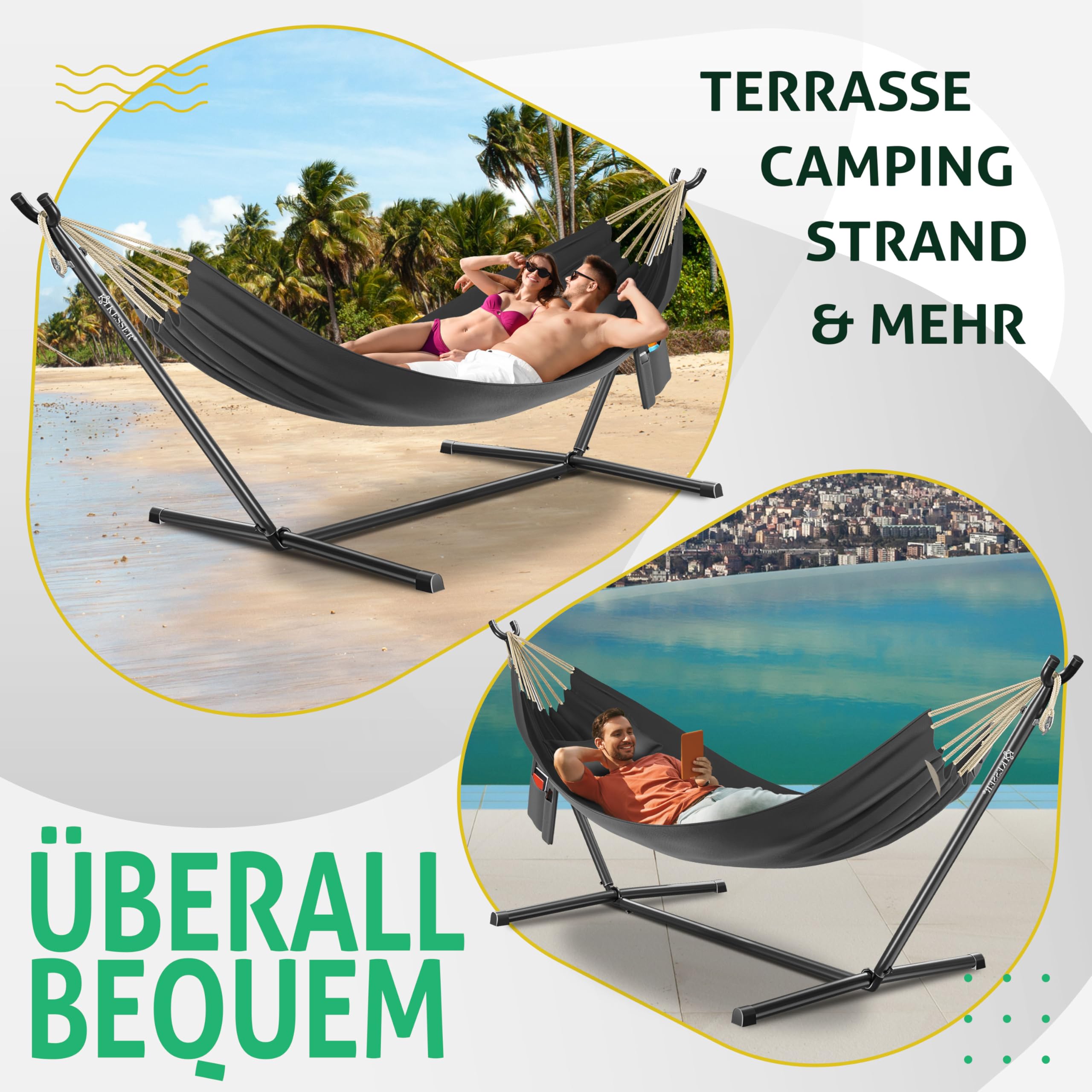 KESSER® Hängematte Lake mit Gestell, Doppel für 2 Personen, 200kg Belastbarkeit, Indoor & Outdoor, XXL Hängesessel, Garten, Pool, Balkon, Terrasse, Inkl. Kissen, Beutel & Tasche, Anthrazit