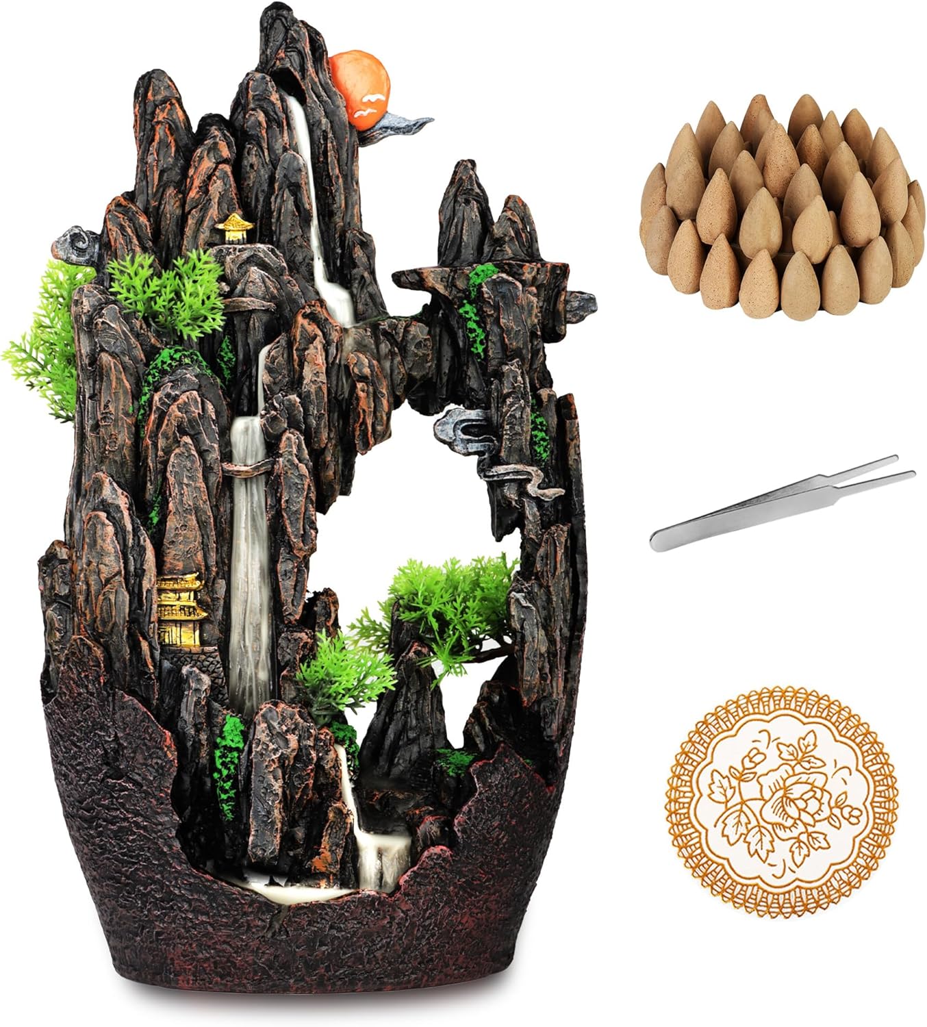 Large Backflow Incense Burner Resin Mountain Waterfall Incense Holder Smoked Fountain Aromatherapy Office Yoga Room Home Decoration