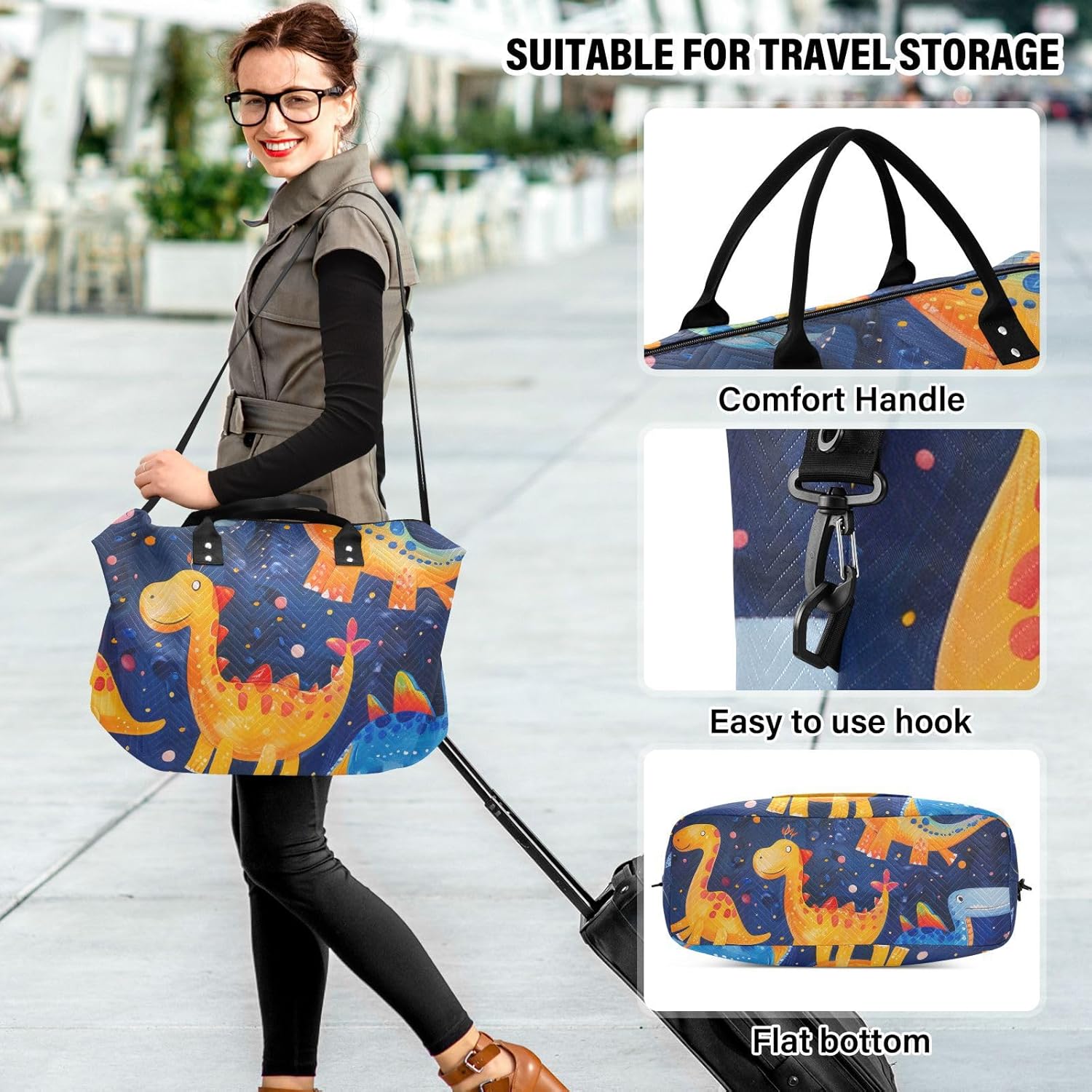 Cute Colorful Dinosaurs Large Bag Travel Weekender Gear Bag Gym Tote Bag with Adjustable Strap for Sports Waterproof