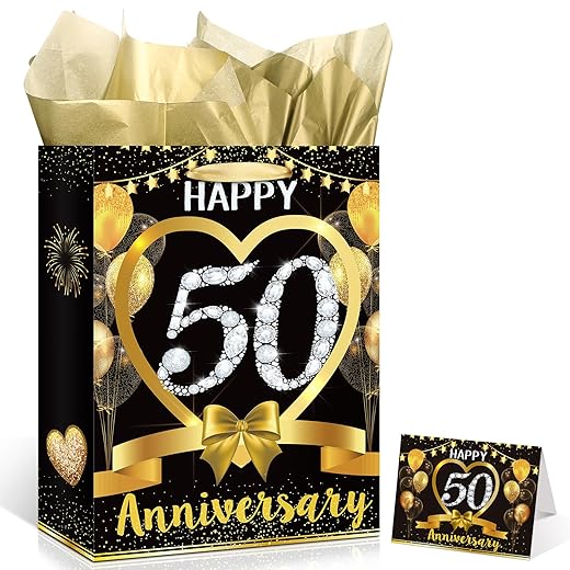 Black Gold Happy 50th Anniversary Paper Gift Bag with Tissue Papers and Card, Gold 50th Anniversary Party Gift Wrapping Bag Treat Bag for 50th Anniversary Golden Wedding Anniversary Decorations