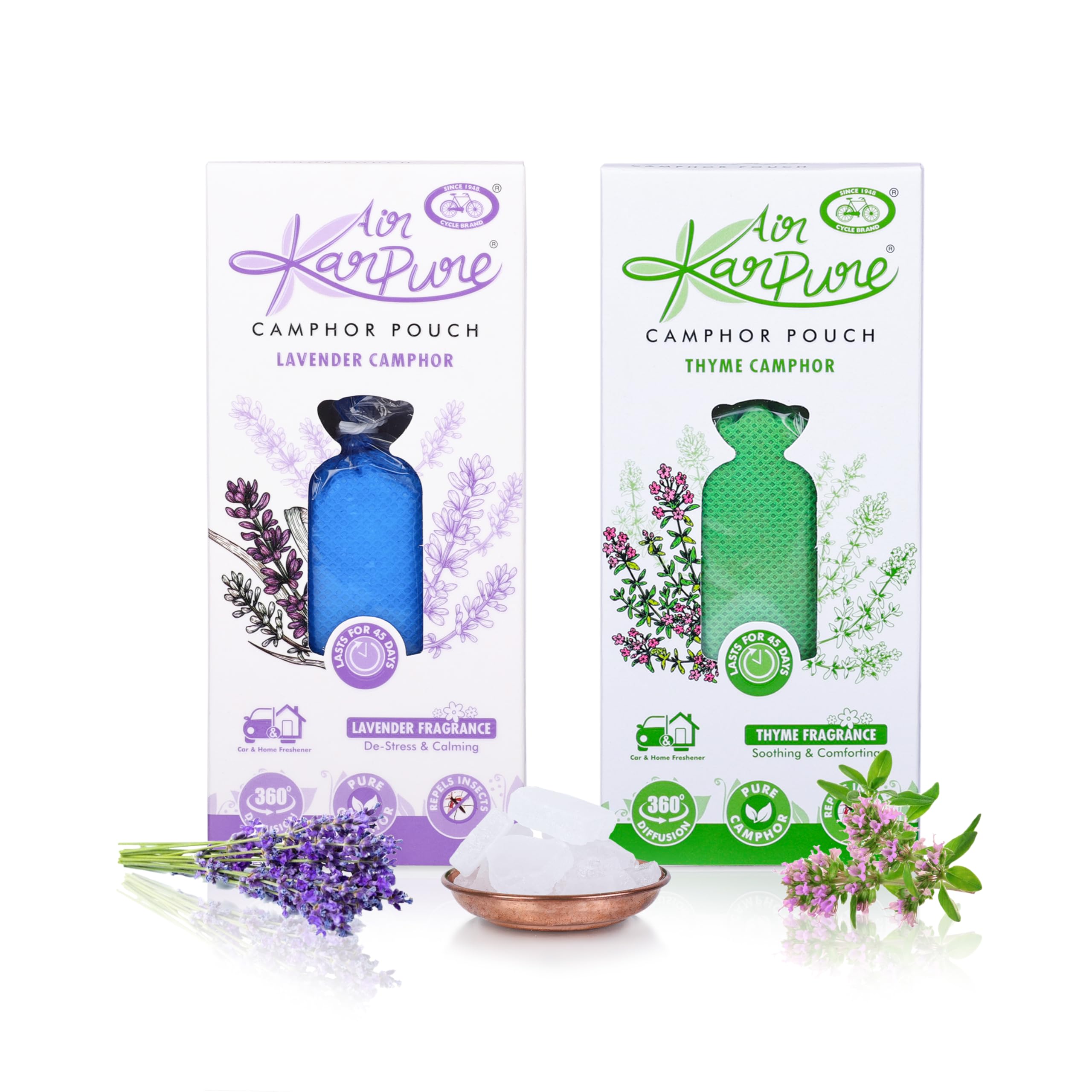 Cycle Pure Karpure Camphor Pouch - Pack of 2 | Air Freshener For Wardrobe, Home, Office, Bathroom, Car | Lavender, Thyme | Lasts up to 45 Days,Solid
