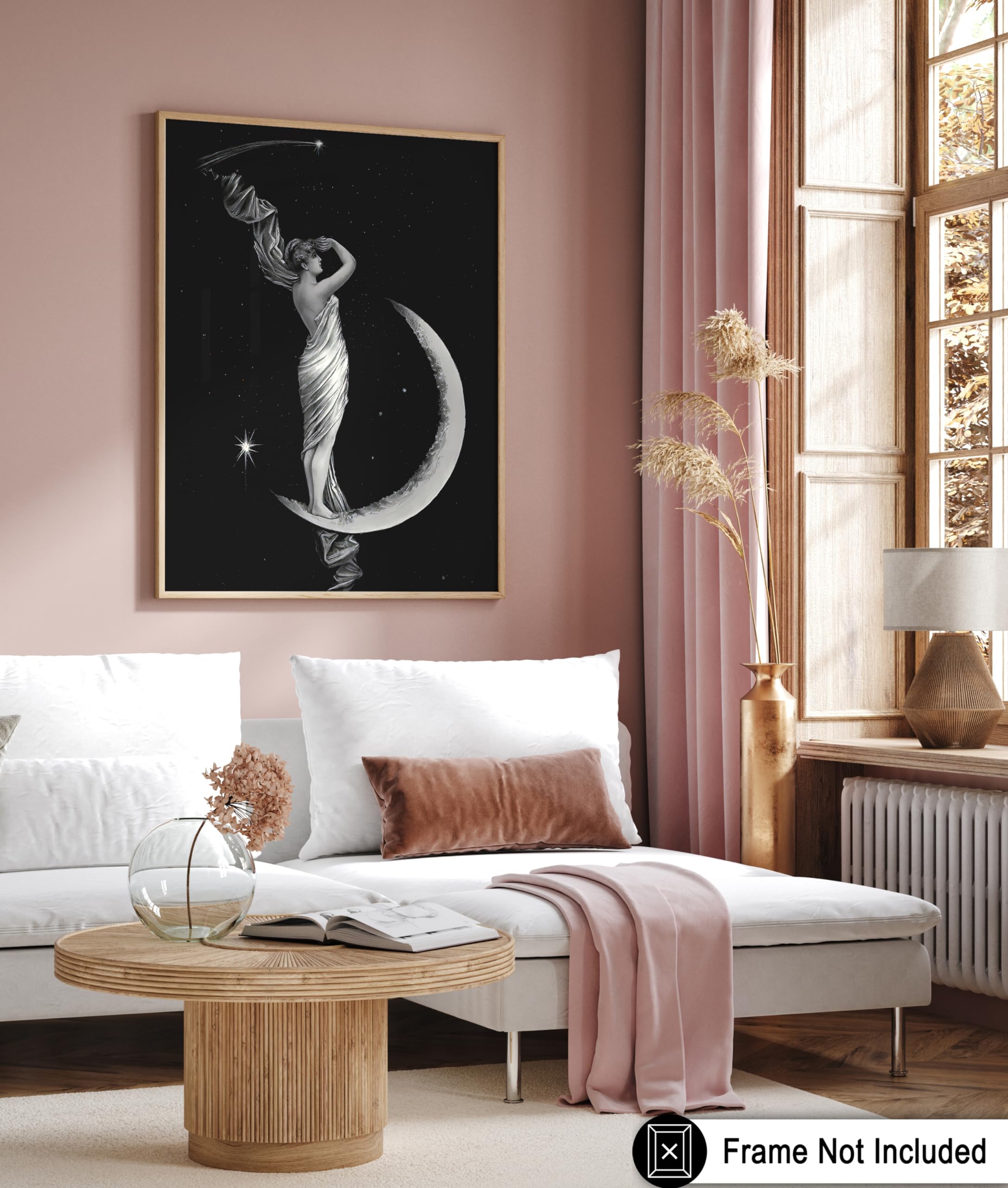Crescent MOON Victorian Lady Sitting Black and White ART PRINT Celestial Outer Space Lunar Poster Wall Picture Home Decor A4 A3 A2 10 Sizes - UK