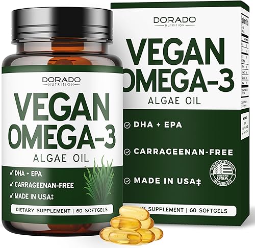 Aceite de algas vegano Omega 3 (60 cápsulas blandas) DHA EPA a base de plantas, de origen sostenible, sin carragenina, sin OMG, salud del corazón,
