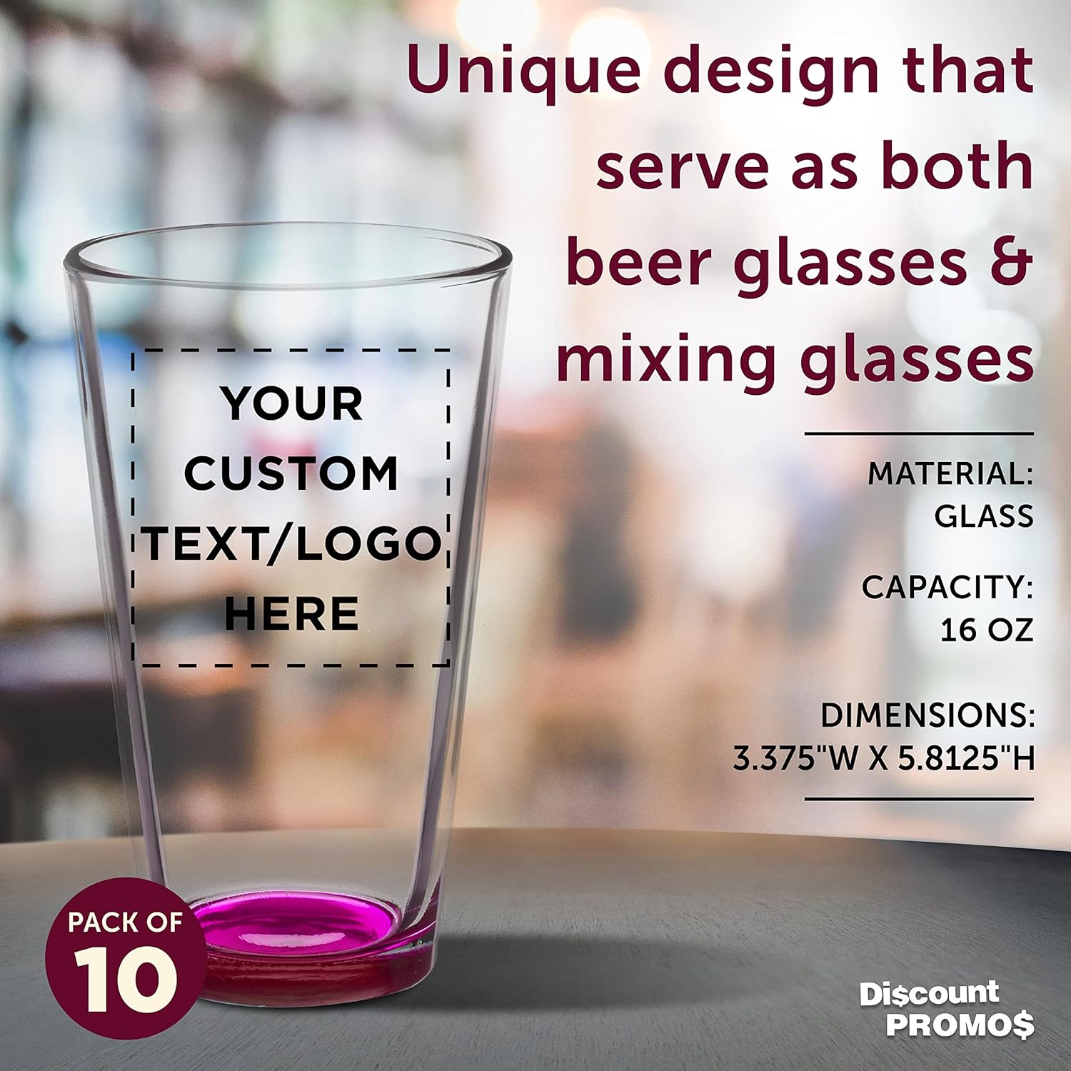 Custom Arc Pint Glass 16 oz. Set of 10, Personalized Bulk Pack - Beer Glasses, Heavy Duty Drinkware - Pink - Image 4