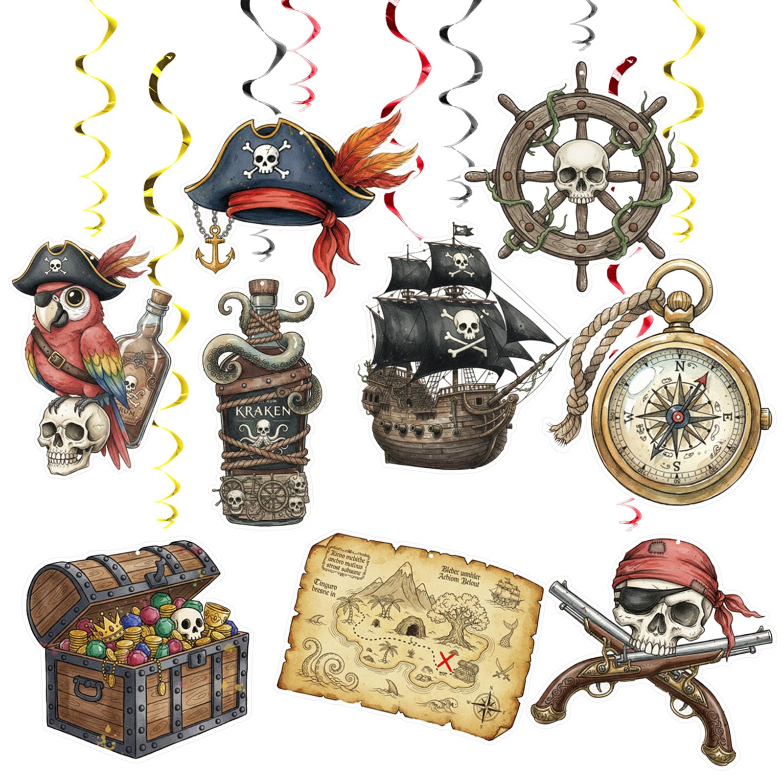 MORAINJAY 18 Pcs Pirate Hanging Swirls Party Decorations, Treasure Banner Card, Streamers Hanging Decorations for Birthday, Pirate Theme Party Backdrop Supplies