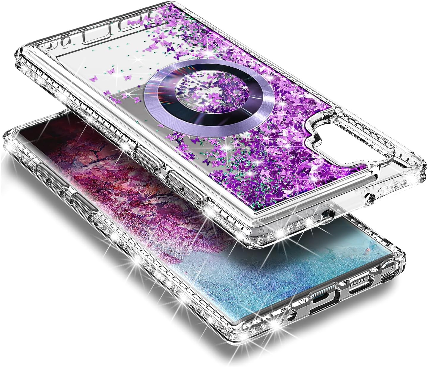 NGB Supremacy Magnetic for Samsung Galaxy Note 10+ (Plus) Case [Compatible with Magsafe] with Diamond Wrist Strap Lanyard, Glitter Floating Liquid Cute Phone Case (Purple Butterfly) - Image 5
