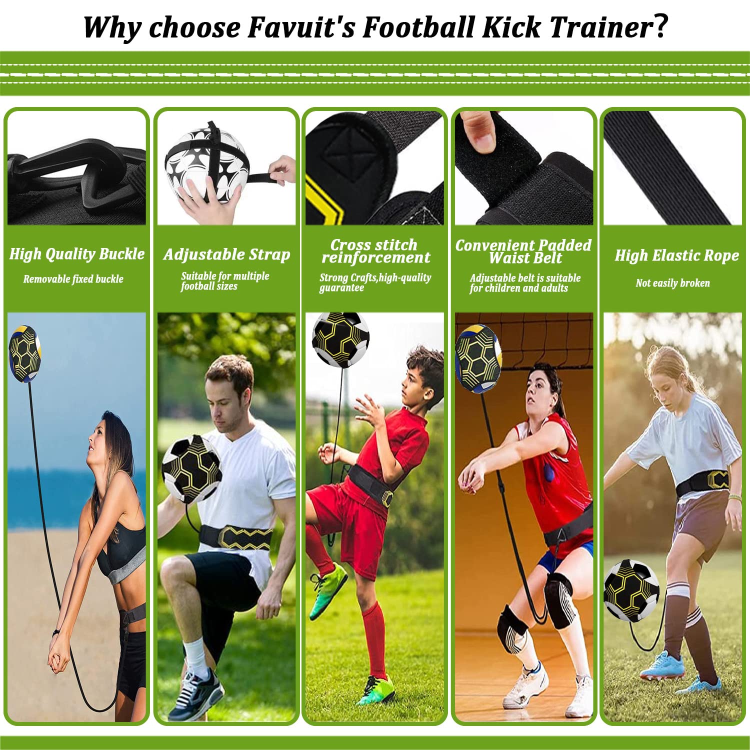 Favuit Trainer da Calcio, Cintura da Allenamento da Calcio Regolabile Banda Elastica per L’Allenamento Individuale Bambini Adulti Soccer Bungee Trainer per Pallone da Calcio di Taglia 3 4 5