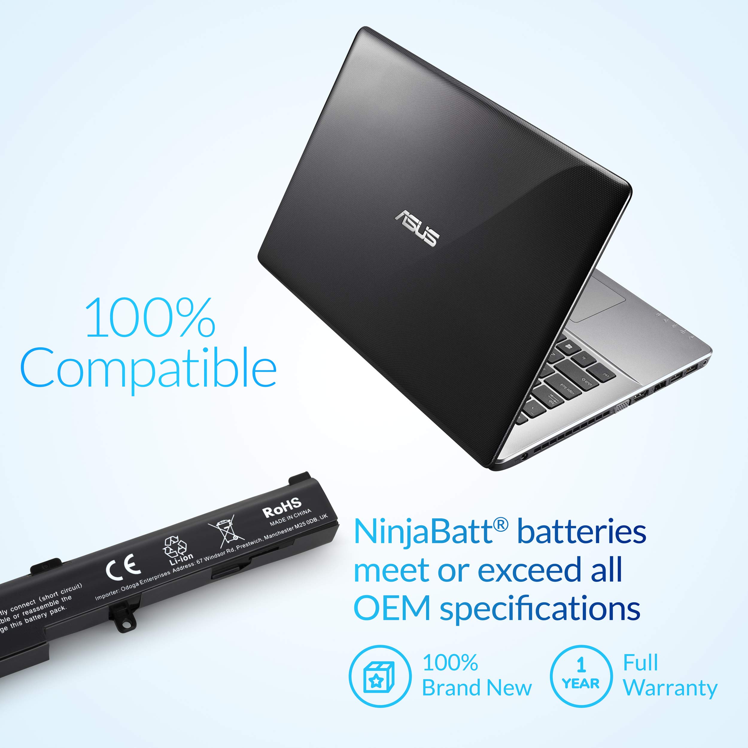 NinjaBatt Batterie A41-X550E R752L R751L pour ASUS X751L F751L K751L R751L R752L X450 X450E X450FJ A450J A450E X550E X550D X550V X550Z X550DP X550ZA X751M F450 F751MA - Longue Durée [33Wh/14.8v]