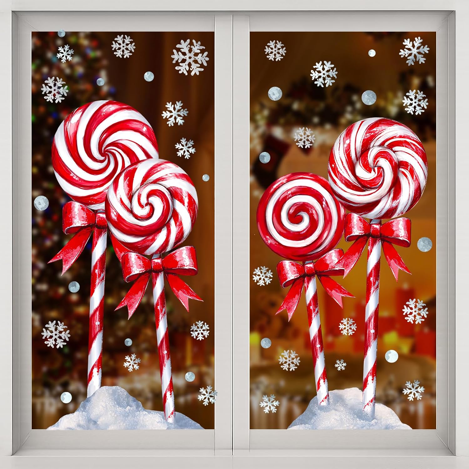 Christmas Window Clings Decorations: 2 Sheets Extra Large Red White Peppermint Lollipop Candy Window Clings, Rustic Vintage Candy Snowflakes Xmas Decals for Home Office Holiday Party Décor