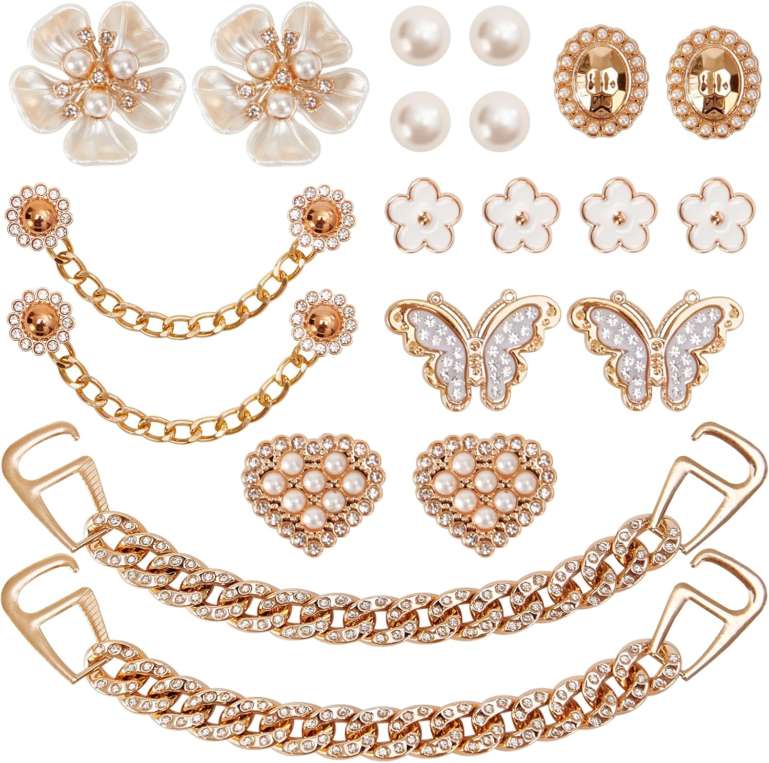 20 Pcs Bling Shoe Charms for Women Gold Chain Accessories Girly Cute Shoe Decoration Include Pearl Rhinestone Butterfly Flower for Party Favor