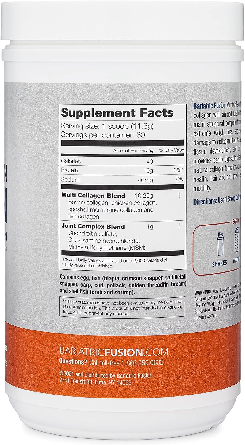 Bariatric Fusion Unflavored Multi Collagen Protein Powder | Plus Joint Support Complex of MSM and Glucosamine | Dairy, Gluten & Soy Free | Non-GMO | 30 Servings