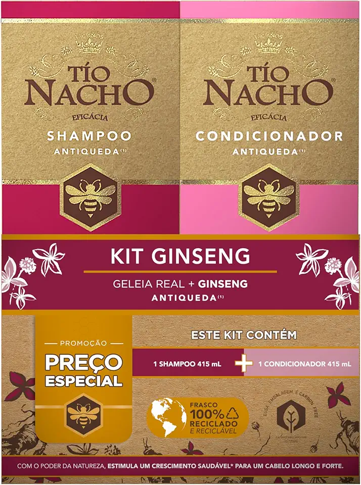 Tio Nacho Kit Ginseng Shampoo 415 mL + Condicionador 415 mL – Com Geleia Real e Extrato de Ginseng – Fortalece, Reduz a Queda e Estimula o Crescimento dos Cabelos Mais Fortes e Brilhantes