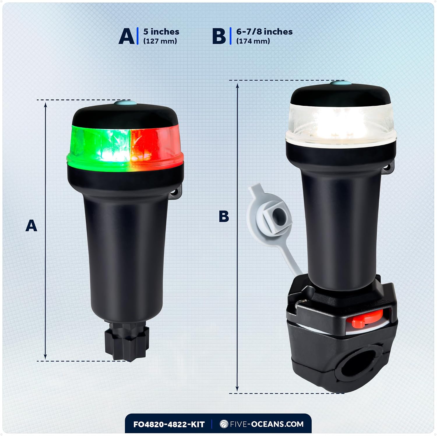 Five Oceans LED Portable Boat Navigation Light Kit, Bi-Color & All-Round Anchor Lights, IP67 Waterproof, Rail Mount, Battery-Powered, for Kayak, Canoe, Inflatable, Boats Up to 39 Ft - FO4820-4822-KIT