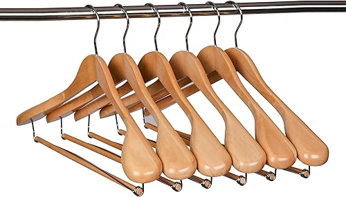 Miniatura 10 de Perchas de madera de hombro ancho de lujo paquete de 2 unidades con barra de bloqueo acabado natural liso colgador de madera para armario soporta