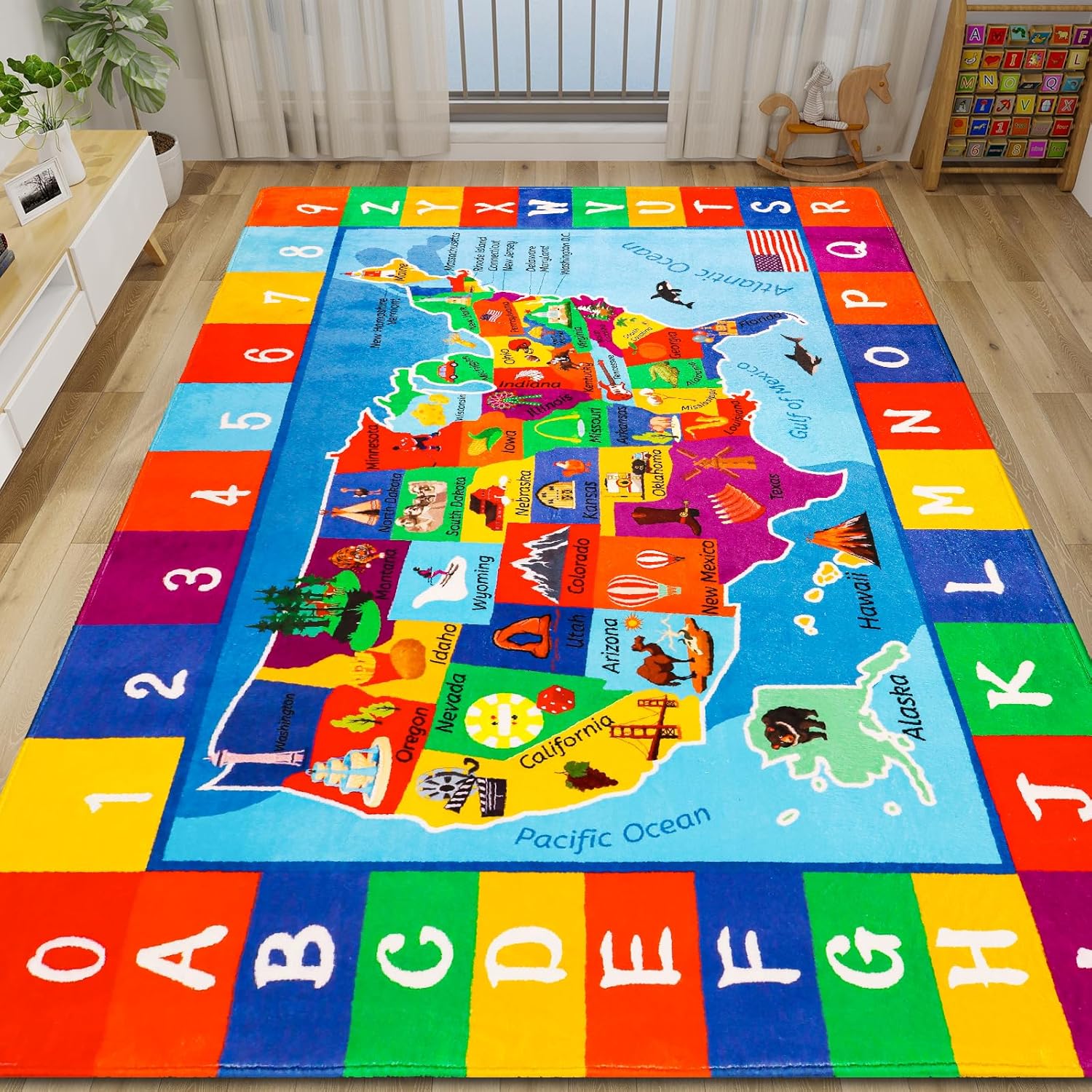 USA Map ABC Kid Rug 78.7" × 59" for Playroom Geography Educational Baby Preschool Playmat