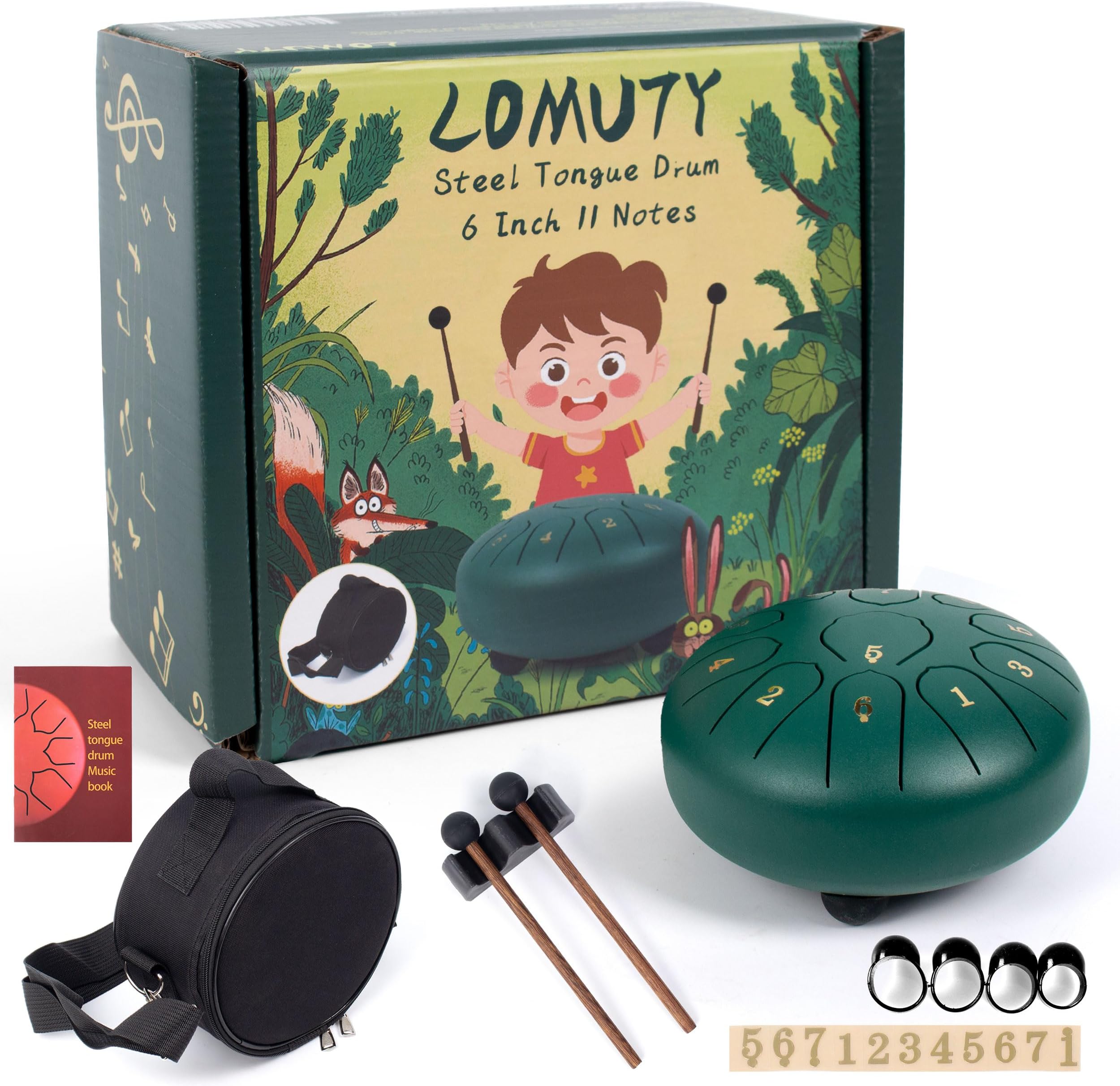 Steel Tongue Drum 6 Inch 11 Notes - Outdoor Meditation & Yoga Instrument with Waterproof Bag, Mallets, Finger Picks, Educational Percussion for Beginner (Green)
