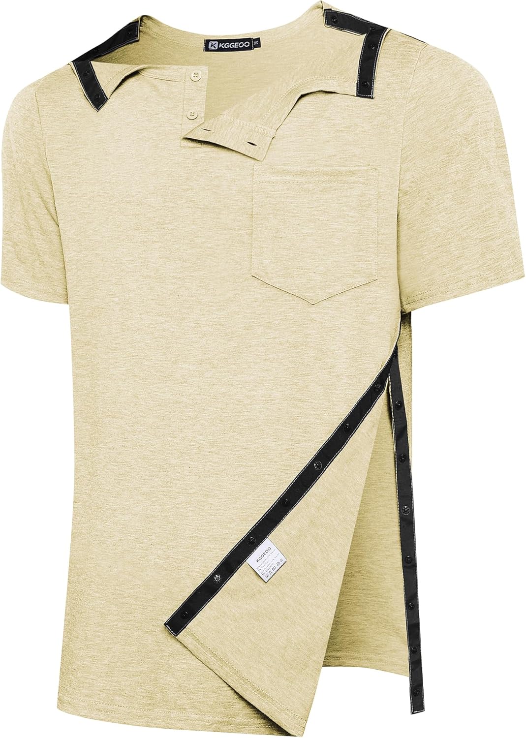 KGGEOO Men’s Post Shoulder Surgery Recovery Shirt Tear Away Short Sleeve Rotator Cuff Full Side Snap Adaptive Chemo Clothing