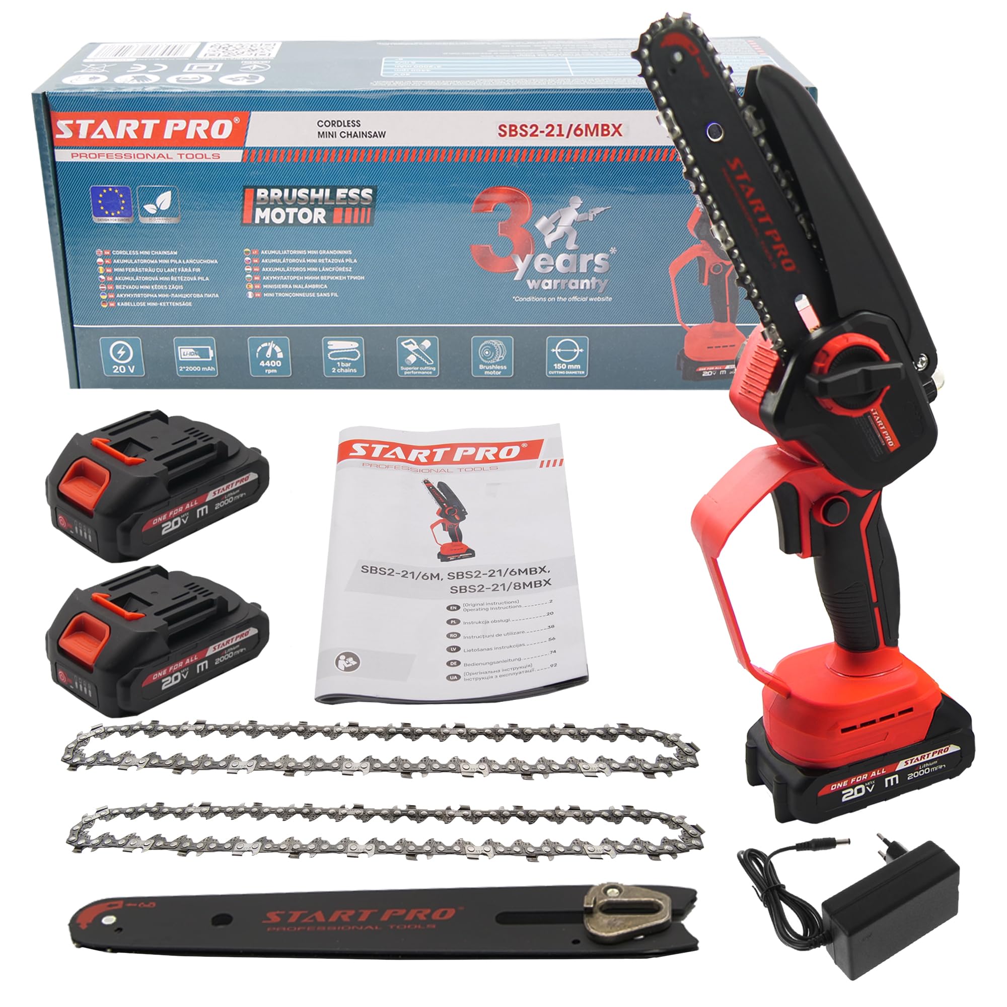 Mini piła łańcuchowa akumulatorowa 6 cali StartPro SBS2-21/6MBX, elektryczna piła łańcuchowa z 2 akumulatorami 2,0 Ah i ładowarką, 2 łańcuchy, ręczna piła łańcuchowa do cięcia drzew, gałęzi, drewna