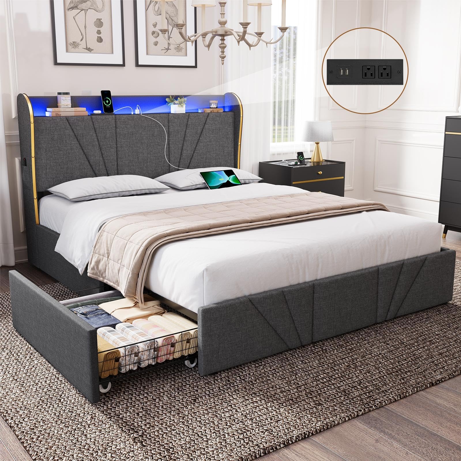 Queen Size Bed Frame, Storage Headboard with Charging Station and LED Lights, Upholstered Queen Platform Bed with Heavy Duty Wood Slats, 4 Storage Drawers, No Box Spring Needed, Dark Grey