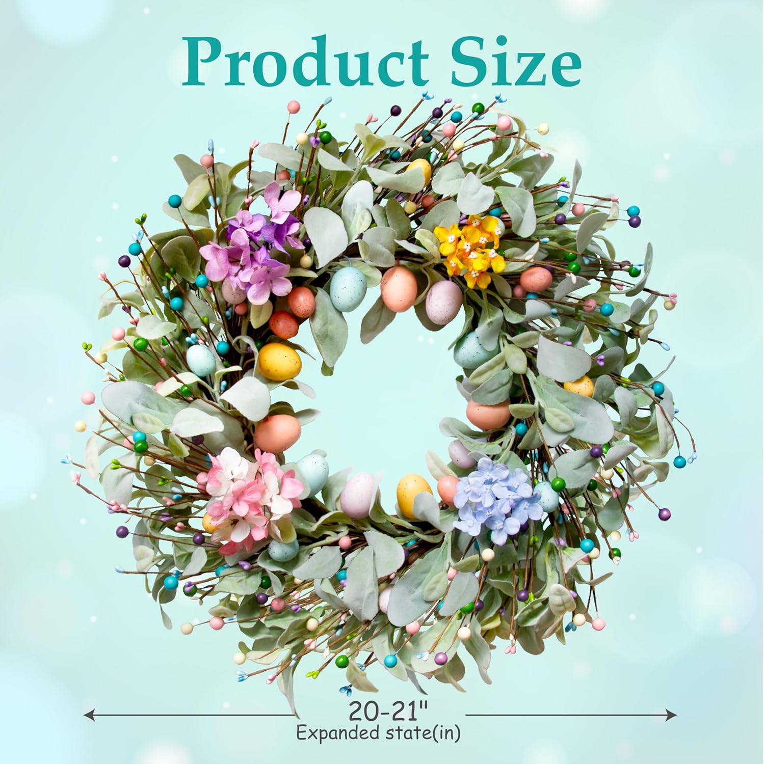 20 Inch Spring Easter Wreath with Eggs & Lambs Ear – Artificial Eucalyptus Holiday Front Door Wreath for Farmhouse, Indoor Outdoor Home Décor, Easter Egg Wreath for Spring