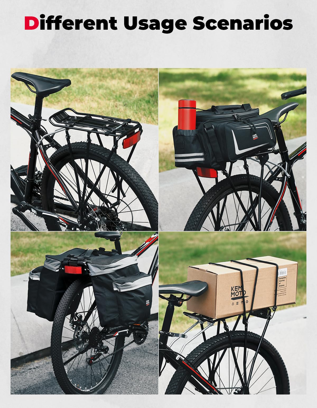 KEMIMOTO Bike Cargo Rack, Rear Bike Rack 24-27.5 in, Adjustable Length, Maximum Load 220lbs, Red Rear Reflective Light, Three-Bracket Design, Aluminum Alloy