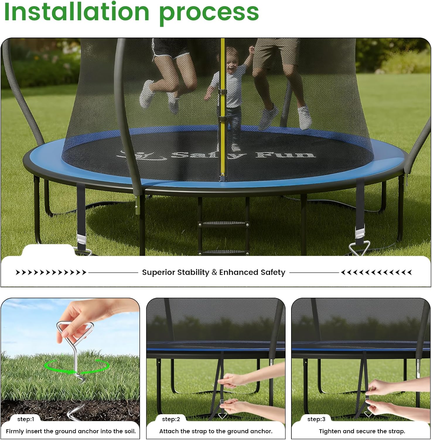 Safly Fun Heavy Duty Trampoline Stakes Anchor Kit, Spiral Ground Anchors with Straps & Installation Tool, Secure for Trampoline, Tent, Canopy, Gazebo, Dog Tie-Out (4-Pack)