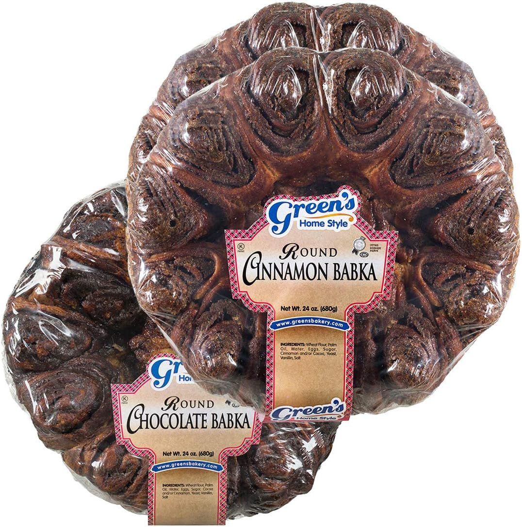Green's Bakery (1) Chocolate and (2) Cinnamon Round Babka Cakes, 3 Pack 24 oz. Fresh and Delicious, OK Certified Kosher and Pareve Babka Bread, Dairy Free and Nut Free.