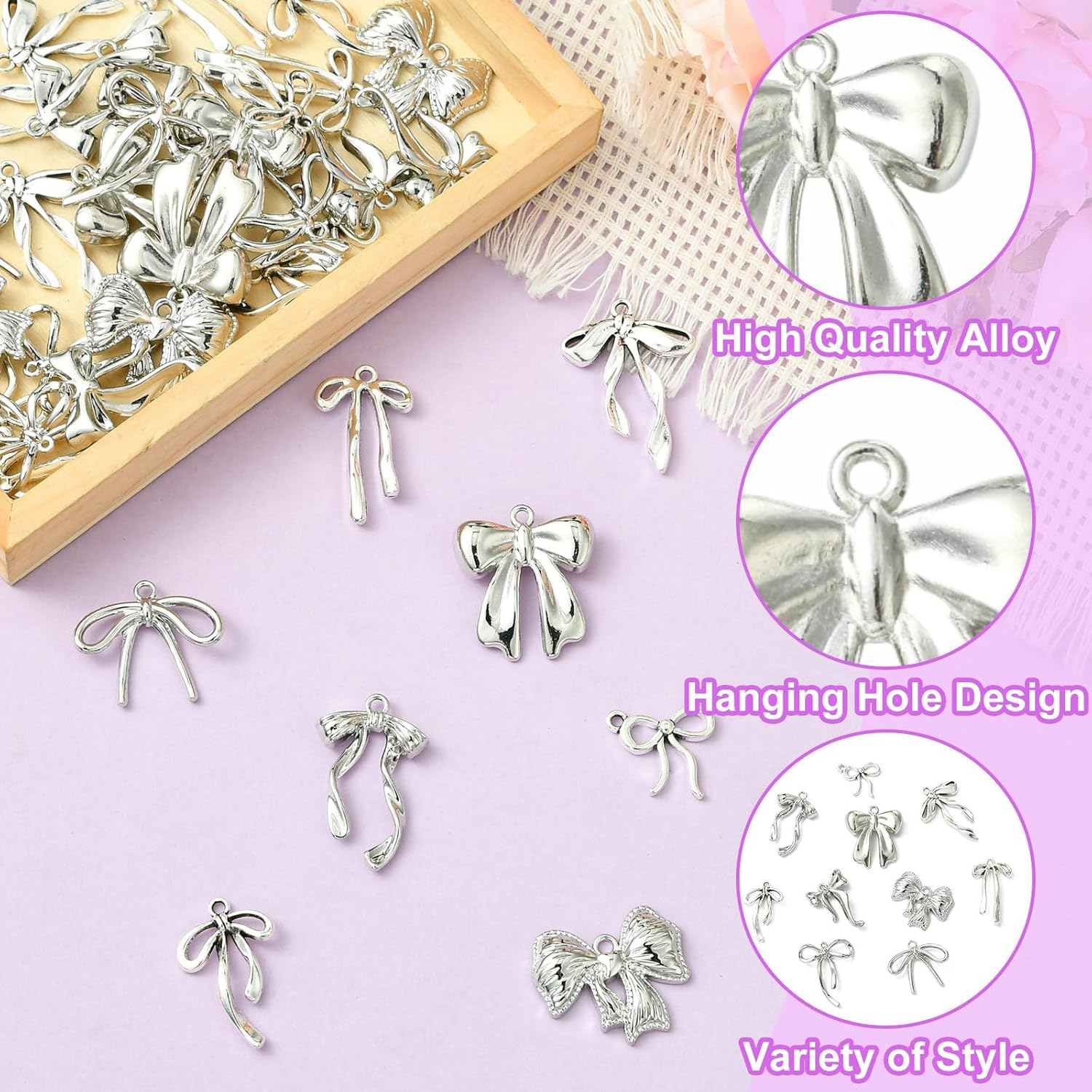 DanLingJewelry 40Pcs 10 Styles Platinum Color Alloy Bowknot Pendants Cute Butterfly Bow Charms for DIY Necklace Bracelet Earrings Jewelry Making - Image 3