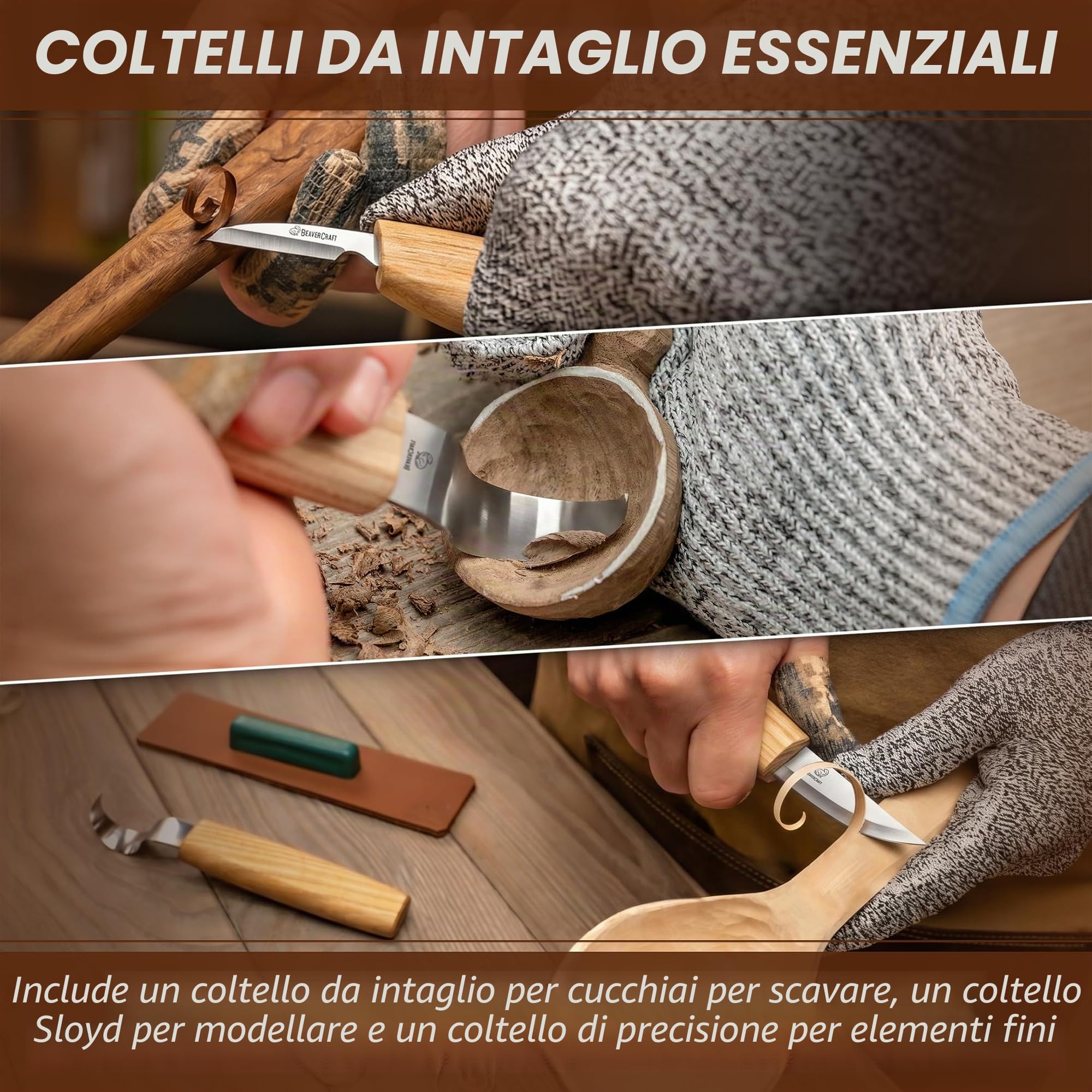 BeaverCraft S13L Set di utensili per intaglio del legno per intaglio di cucchiai Kit per intaglio del legno con 3 coltelli per principianti Uncino Sloyd Coltelli per intagliare cucchiai per mancini