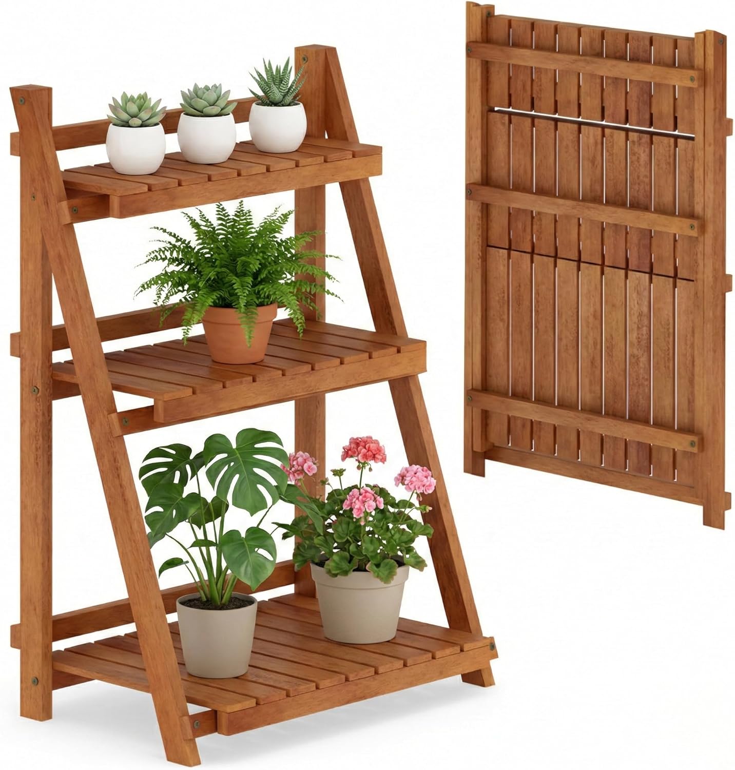 3-Tier Acacia Wood Plant Stand, Foldable Ladder Flower Pot Rack for Indoor Outdoor, Multilayer Wood Display Shelf for Balcony Living Room Garden, No Assembly Required, 24" x 15" x 34"