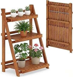 3-Tier Acacia Wood Plant Stand, Foldable Ladder Flower Pot Rack for Indo...