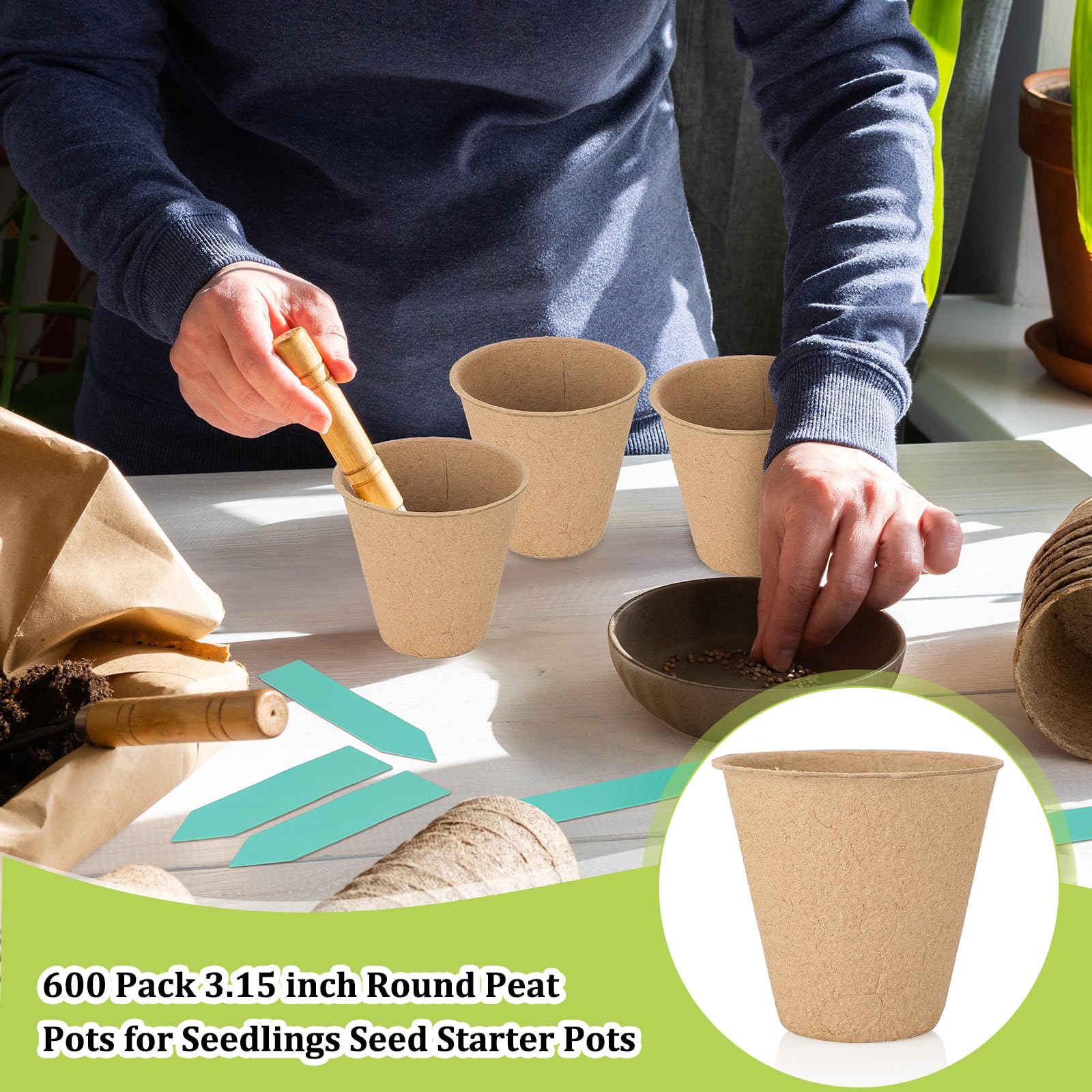 FillTouch Torftöpfe, rund, biologisch abbaubar, Pflanzentöpfe mit 120 Etiketten für Gartenkeimung, klassischer Stil, 8,9 cm, 600 Stück