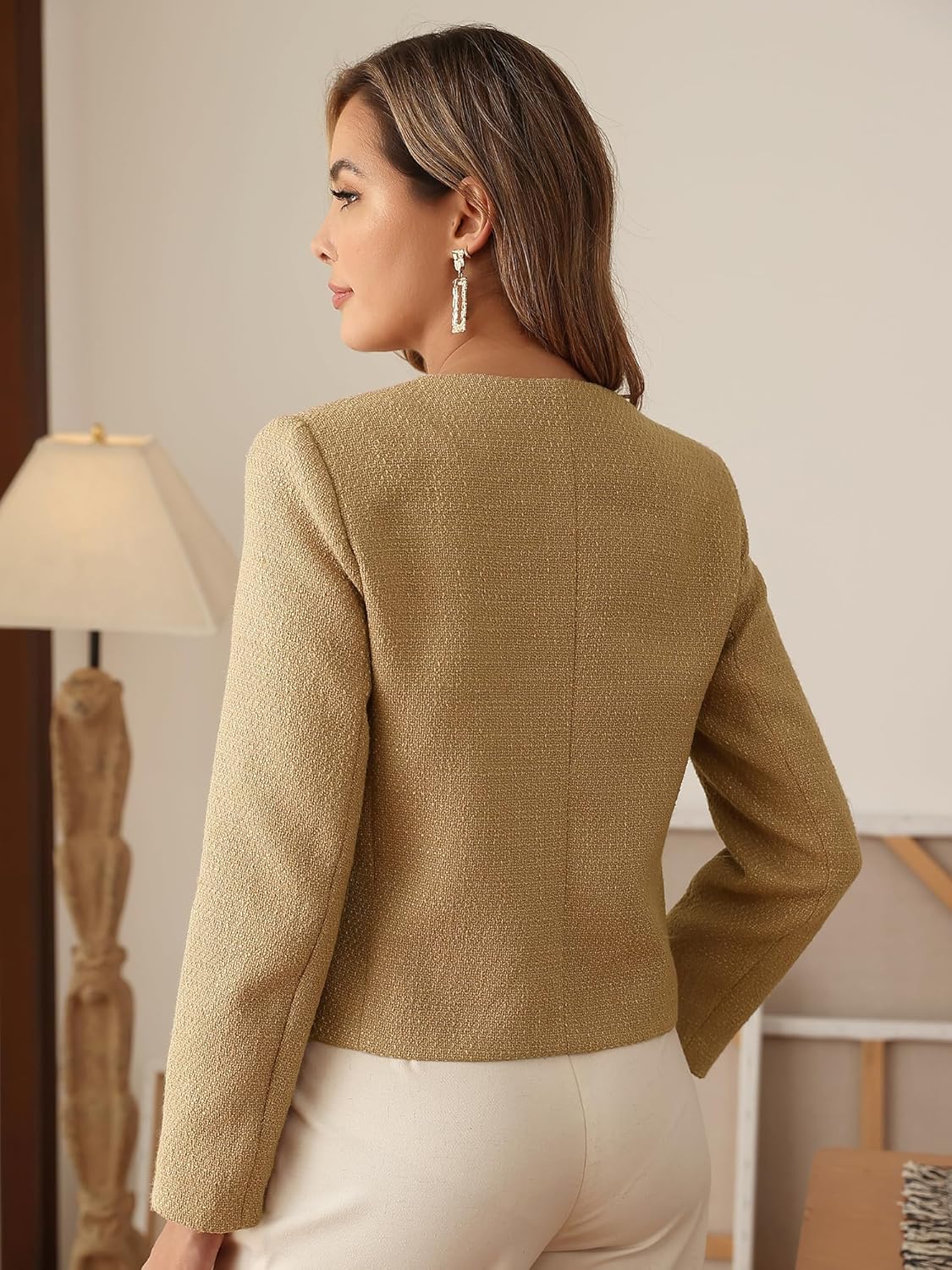 M.Infisavo 2026 Women Tweed Jacket Cropped Blazers Spring Elegant Round Neck Pockets Business Casual Outfit - Image 4