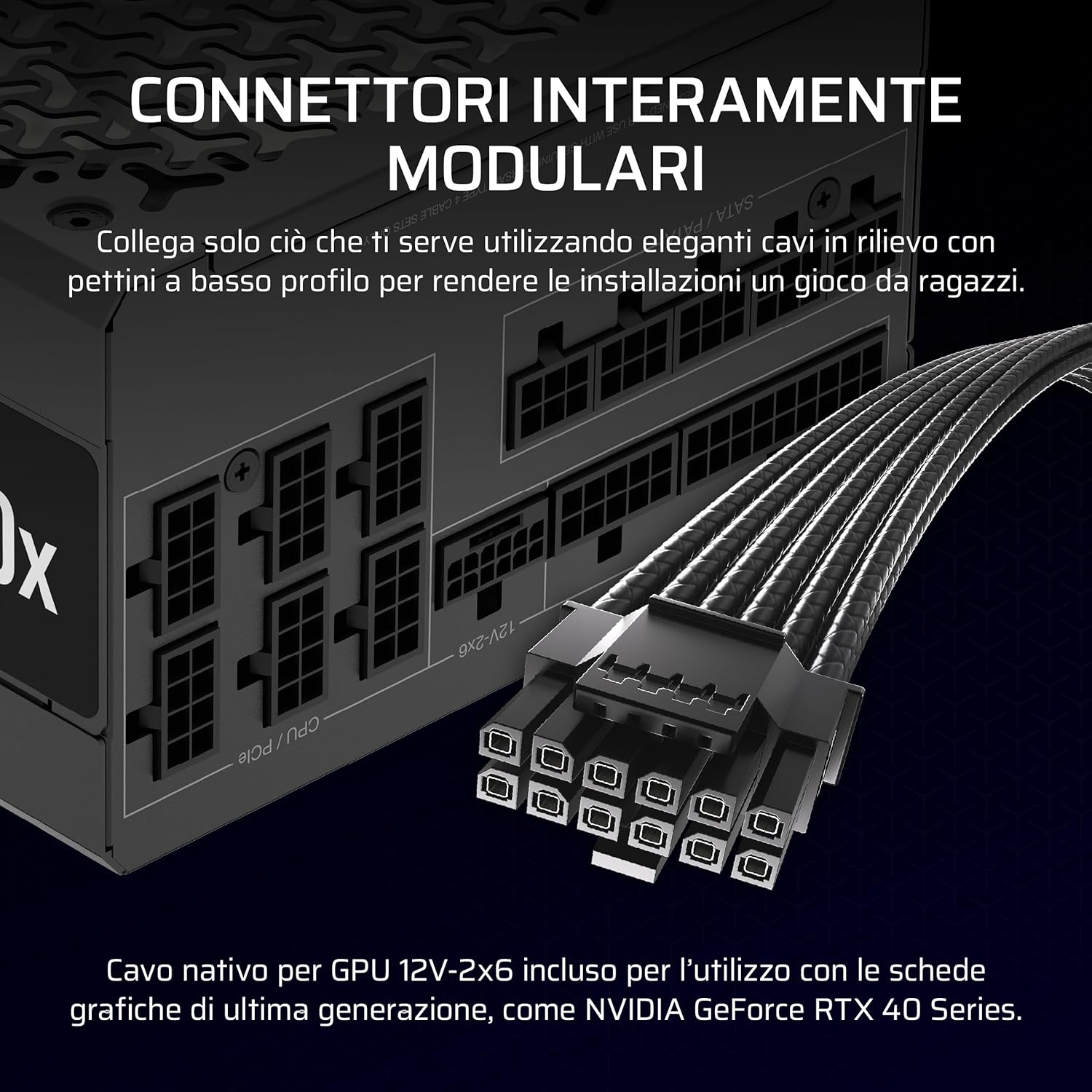 CORSAIR RM1000x Alimentatore ATX a Basso Rumore Completamente Modulare ÔÇô Compatibile con ATX 3.1 ÔÇô Supporto PCIe 5.1 ÔÇô Efficienza Cybenetics Gold ÔÇô Connettore Nativo 12V-2x6 ÔÇô Nero - Alimentatore - Immagine 4