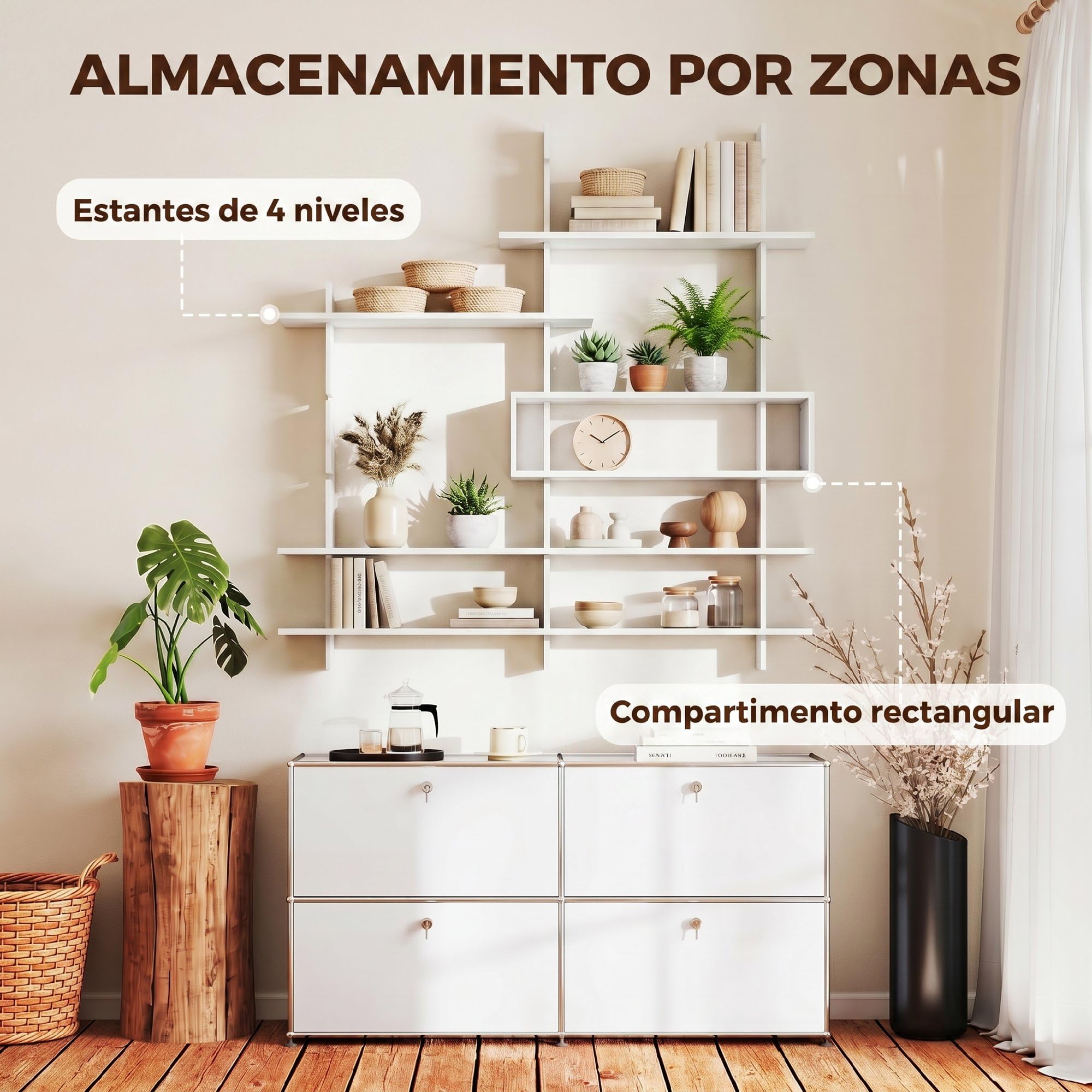 HOMCOM Estantería de Pared, Librería Geométrica con 4 Estantes, Blanco | Compartimento Central Rectangular, Estantes Decorativos, para Salón o Dormitorio