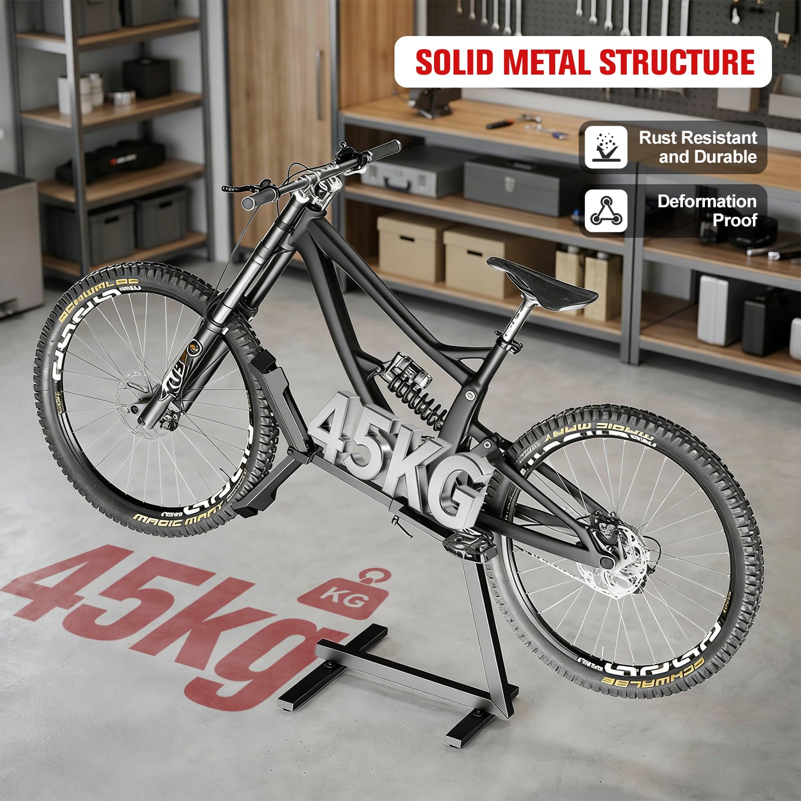 Cavalletto posteriore 2 in 1 per riparazione e stoccaggio, supporto stabile per mountain bike e bici elettriche fino a 45 kg, struttura in metallo con fissaggio anteriore della ruota, regolabile per
