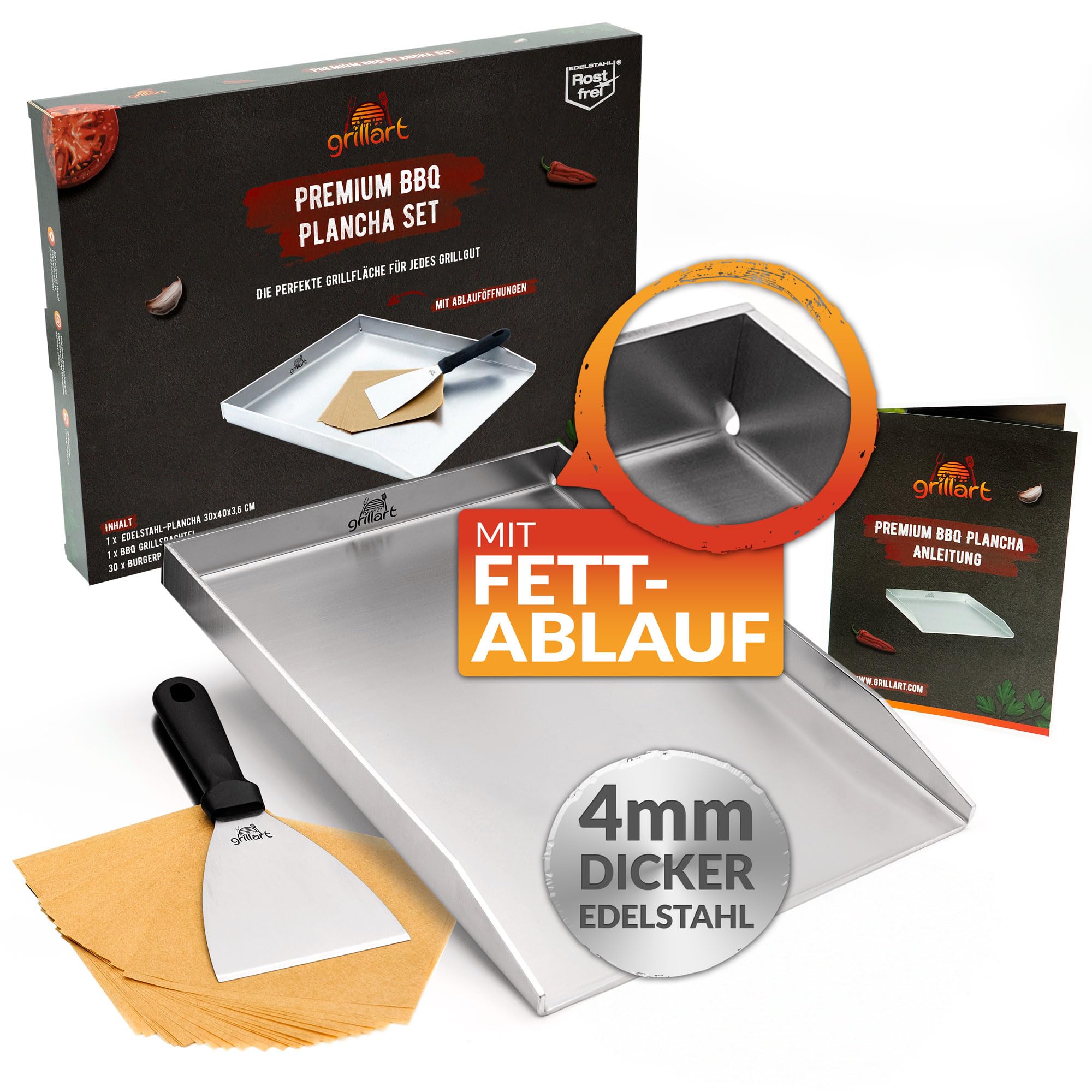 grillart® Premium Plancha Grillplatte mit Grillspachtel aus massiven 4mm Edelstahl – 30x40cm Universalgröße auch Induktion geeignet – Spülmaschinenfest und rostfrei