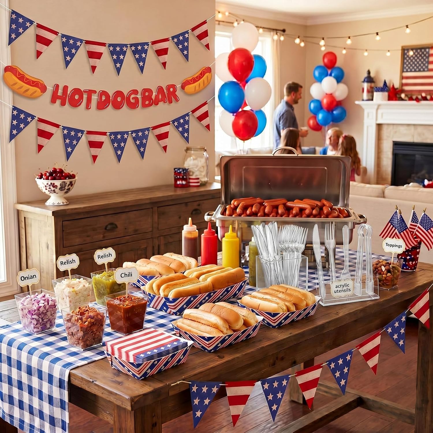 Suclain 150 Pcs 4th of July Hot Dog Bar Party Supplies Set 250th Anniversary Patriotic Decorations with Hot Dog Trays American Flag Banner Utensils for Independence Day Summer Birthday BBQ