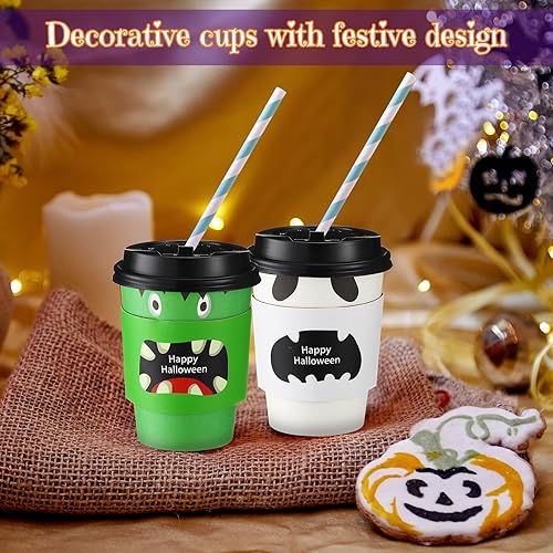 Miniatura 7 de Umigy Paquete de 100 tazas de café desechables de Halloween de 12 onzas, tazas de café de papel con tapas de cúpula y fundas para bebidas frías y