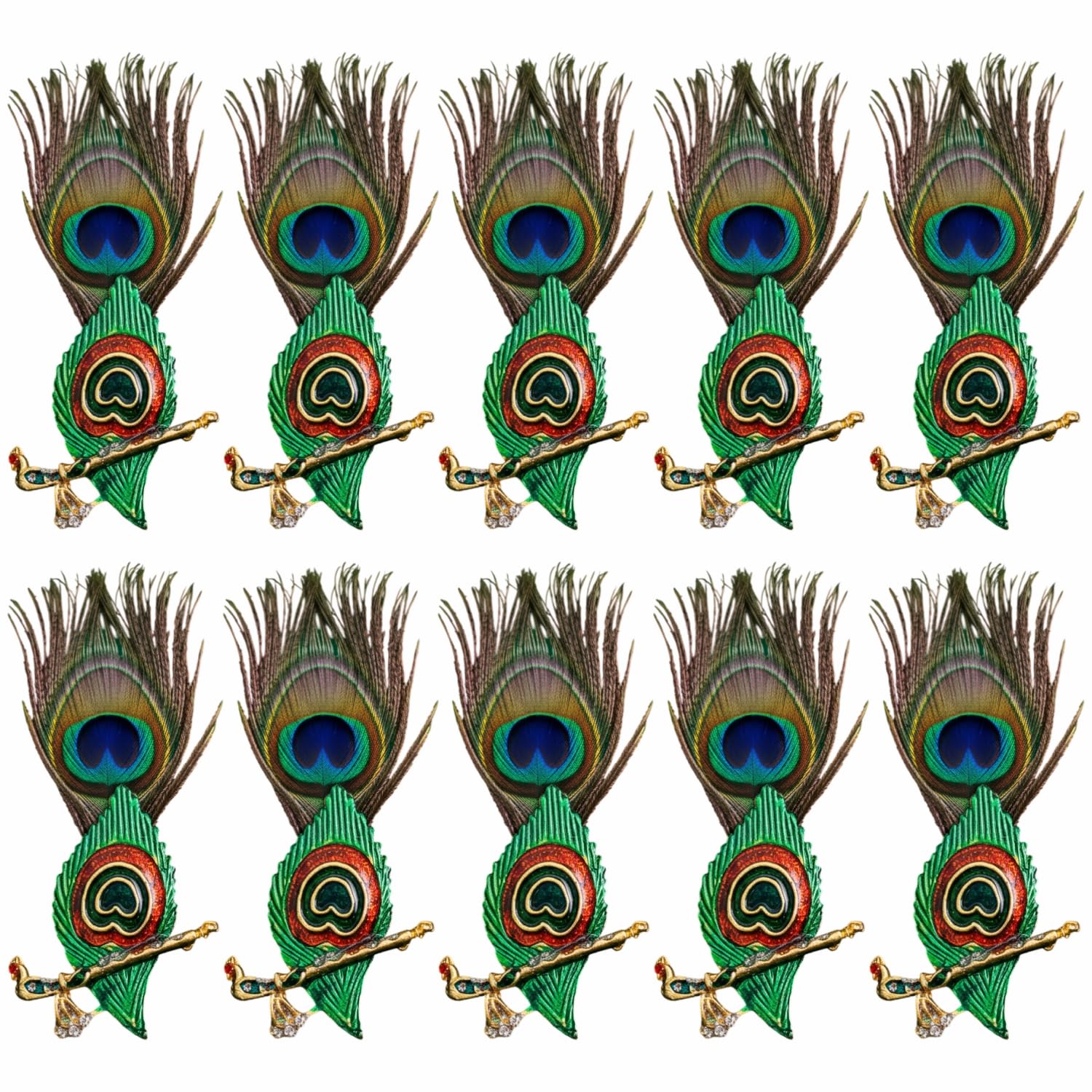Shri Ram Creations Metal Green Mor Pankh Bansuri Brooch with Flute Peacock Feather Design - Pack of 10 Pieces