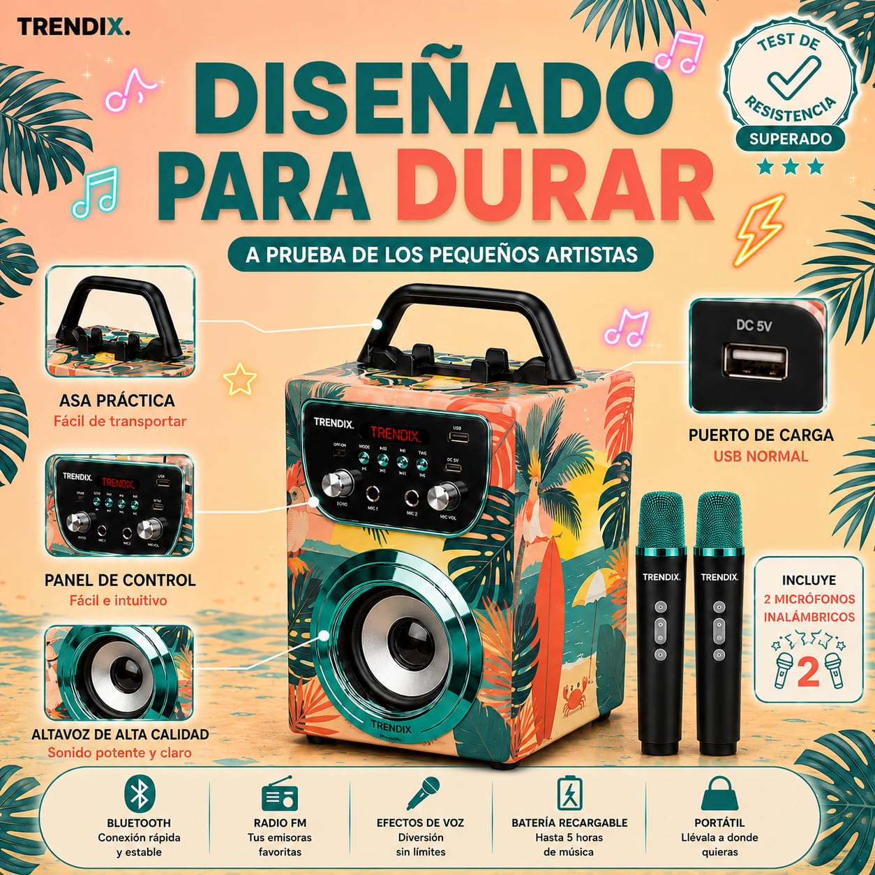 Trendix - Karaoke 2 Microfonos Inalambricos Tropical Vibes | Karaoke Infantil | Altavoz con Microfono | Altavoz Bluetooth con Microfono Y Radio FM | Regalo Comunion Niño | Regalo Niña